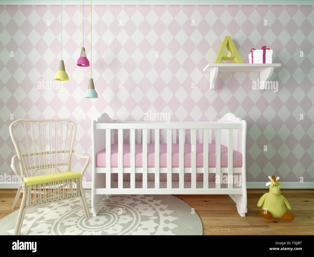 Baby room con giocattoli, vivaio interno, camera Rosa, 3D render Foto Stock