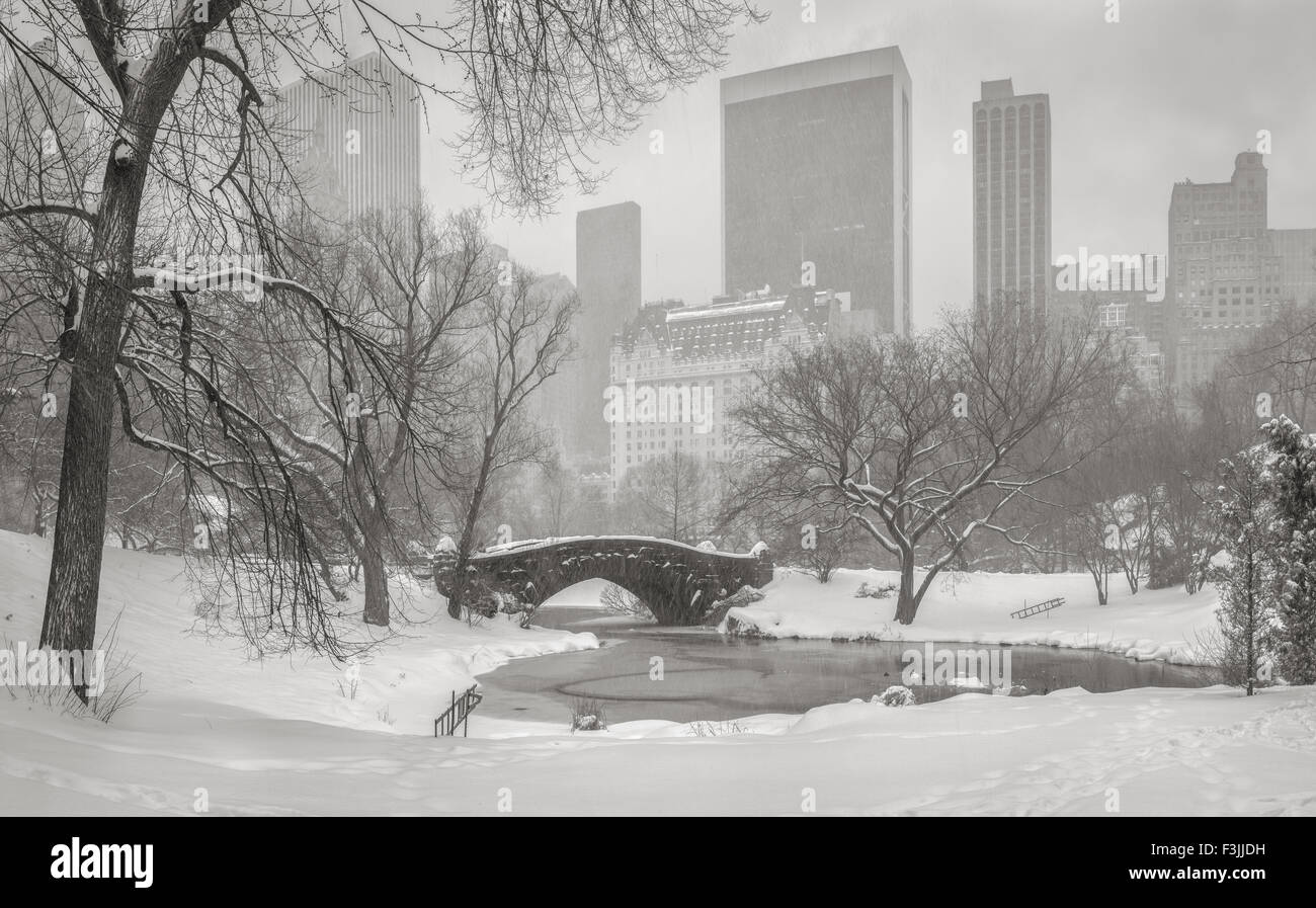 Congelato stagno e forte nevicata nel parco centrale. Gapstow Bridge e Manhattan alta sorge e grattacieli. Inverno in New York Foto Stock