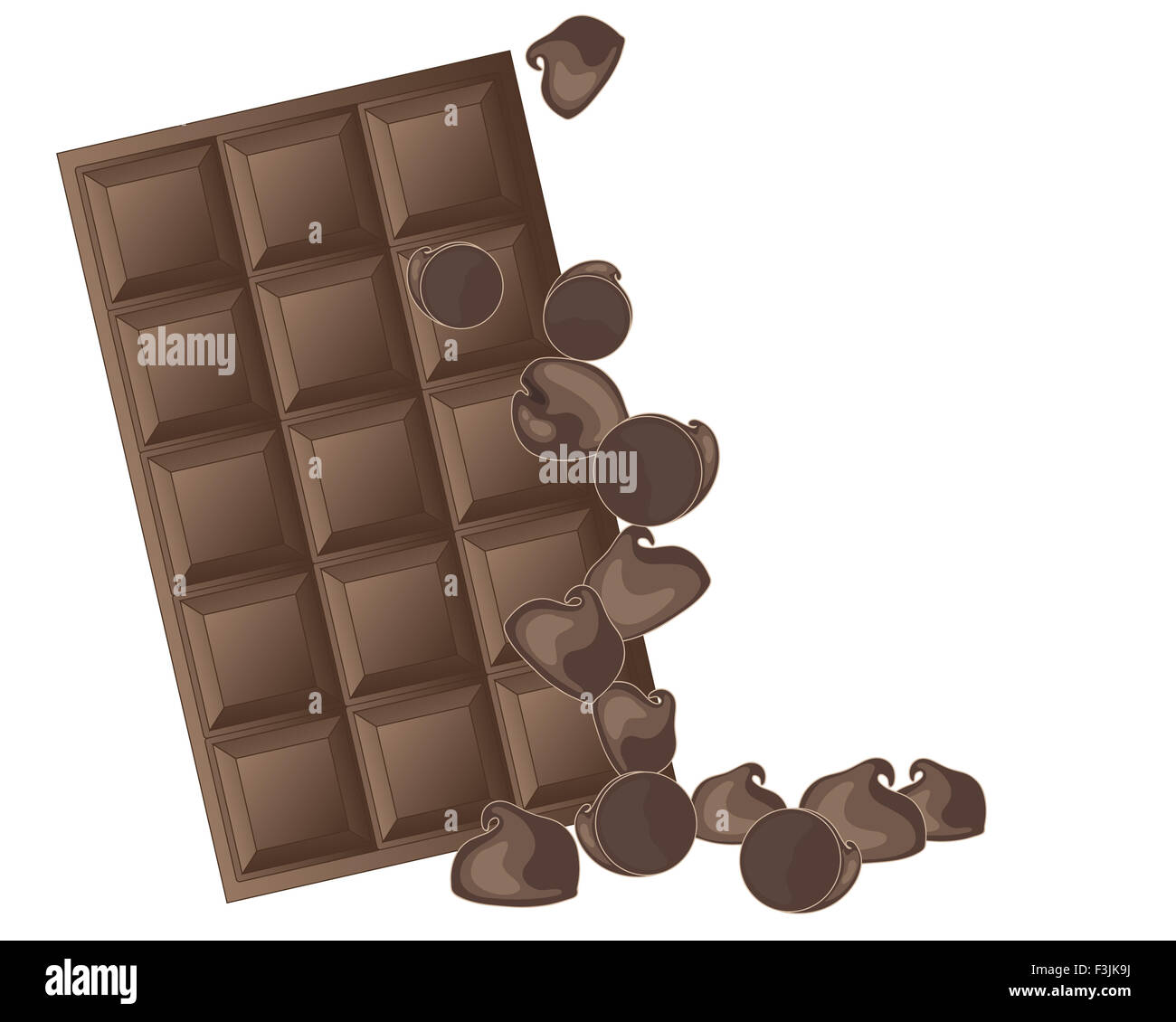 Una illustrazione di una barretta di cioccolato di cottura con alcune scaglie di cioccolato pronto per essere usato come un ingrediente su sfondo bianco Foto Stock