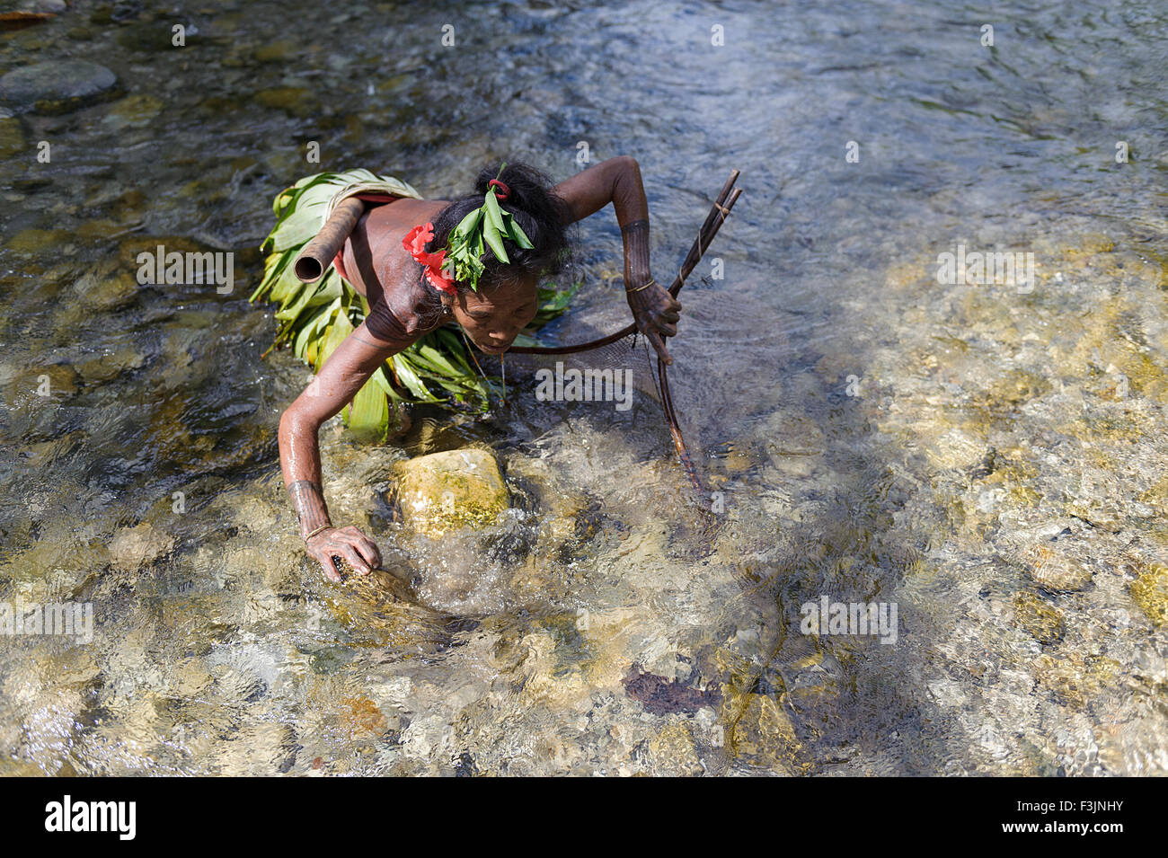 Le donne non identificato di Mentawai pescare un pesce utilizzando una rete nel fiume delle isole o Muara Siberut. Foto Stock