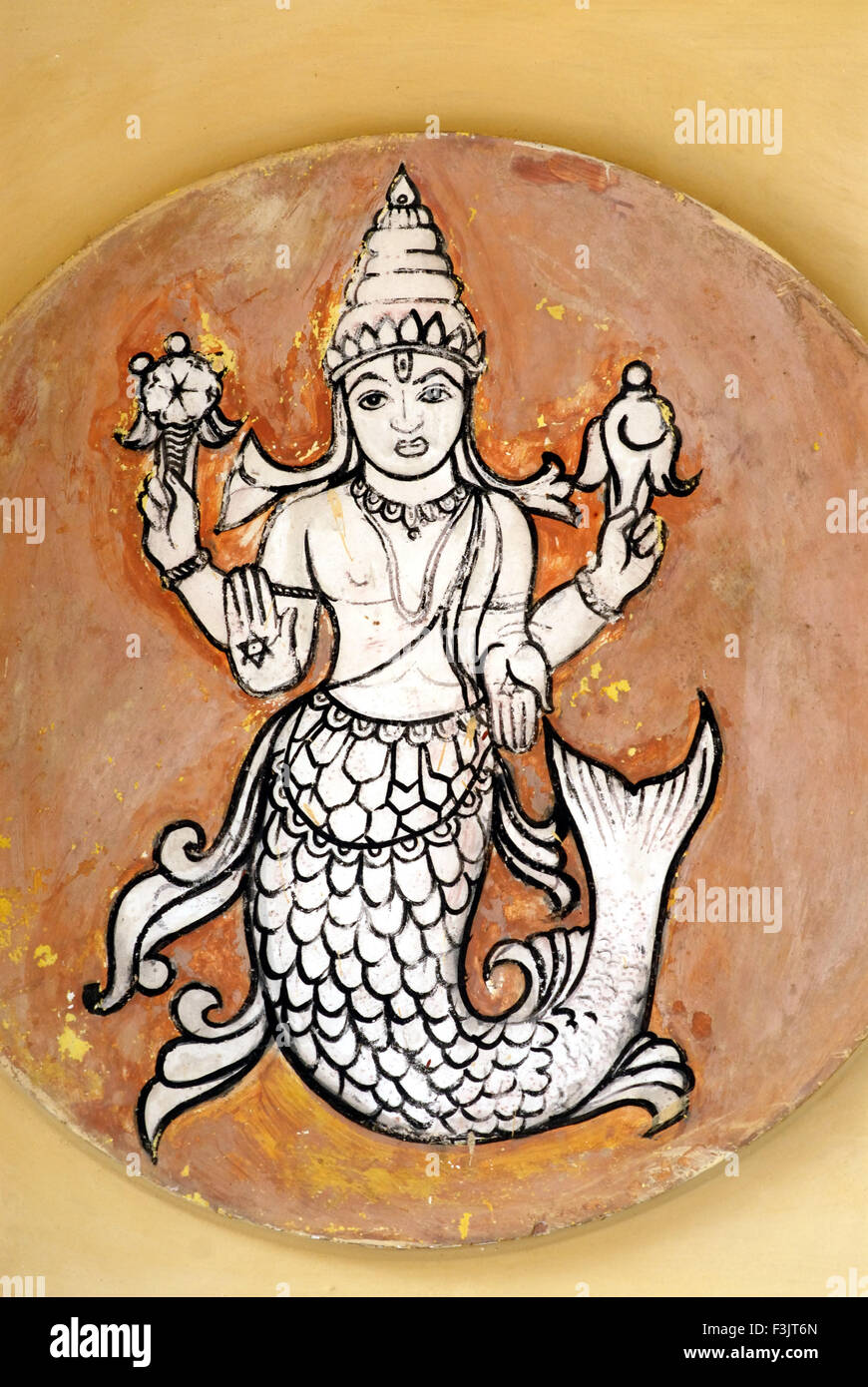Pittura murale Matsya avatar pesci prima incarnazione Ambalpadi Udupi Karnataka India Foto Stock