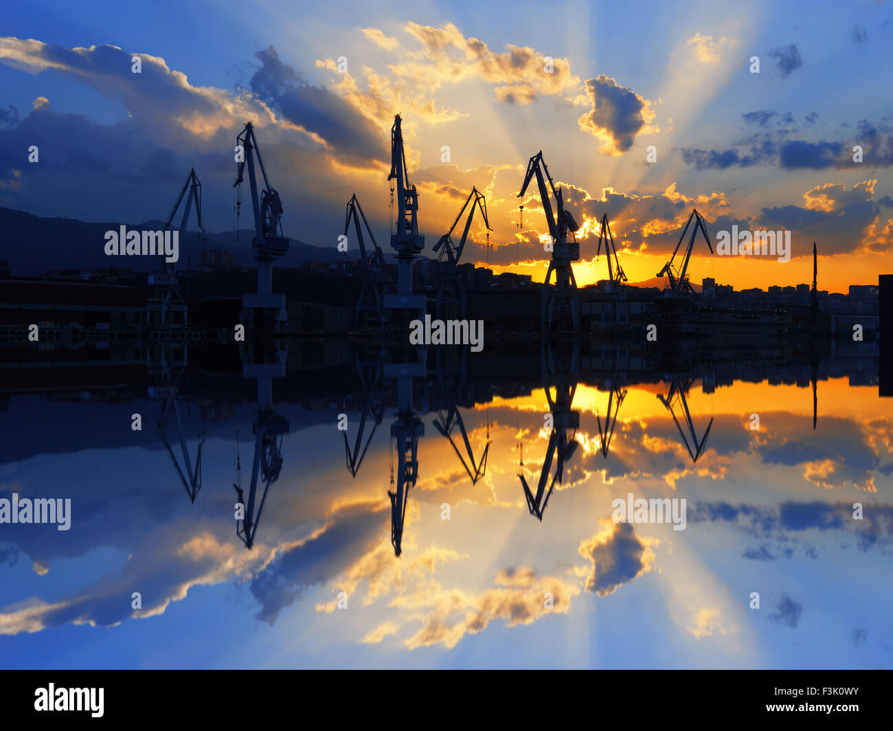 Gru in Sestao con tramonto raggi solari e riflessioni Foto Stock