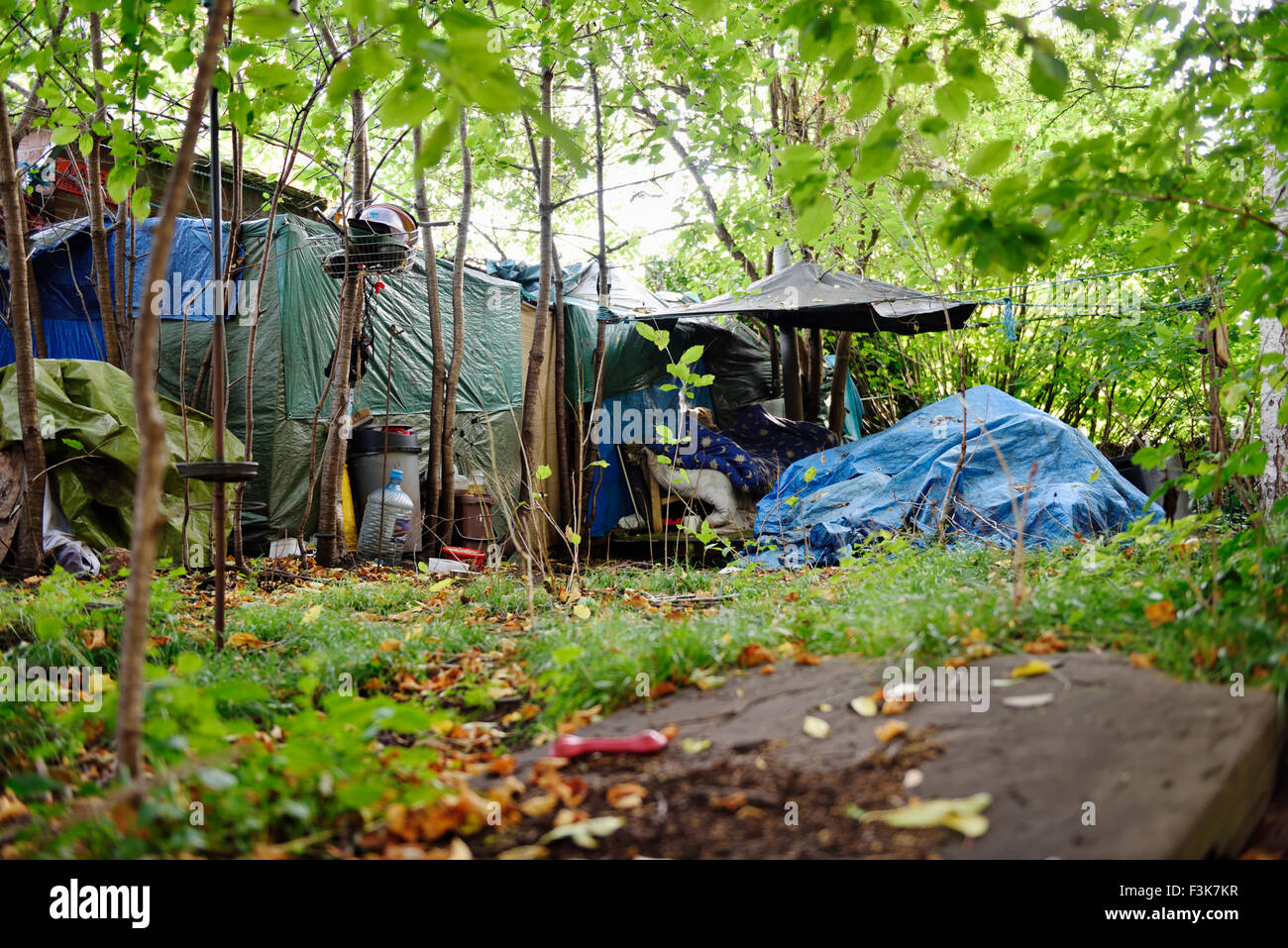 Senzatetto nel Regno Unito che vivono con tenda e teloni semi-permanente nascosta tra alberi, Bristol, Inghilterra Foto Stock
