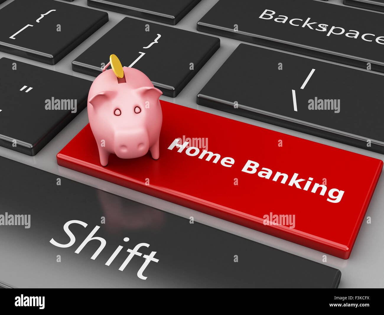 3D renderer immagine. Salvadanaio con moneta sulla tastiera del computer. Banca Internet concetto. Foto Stock