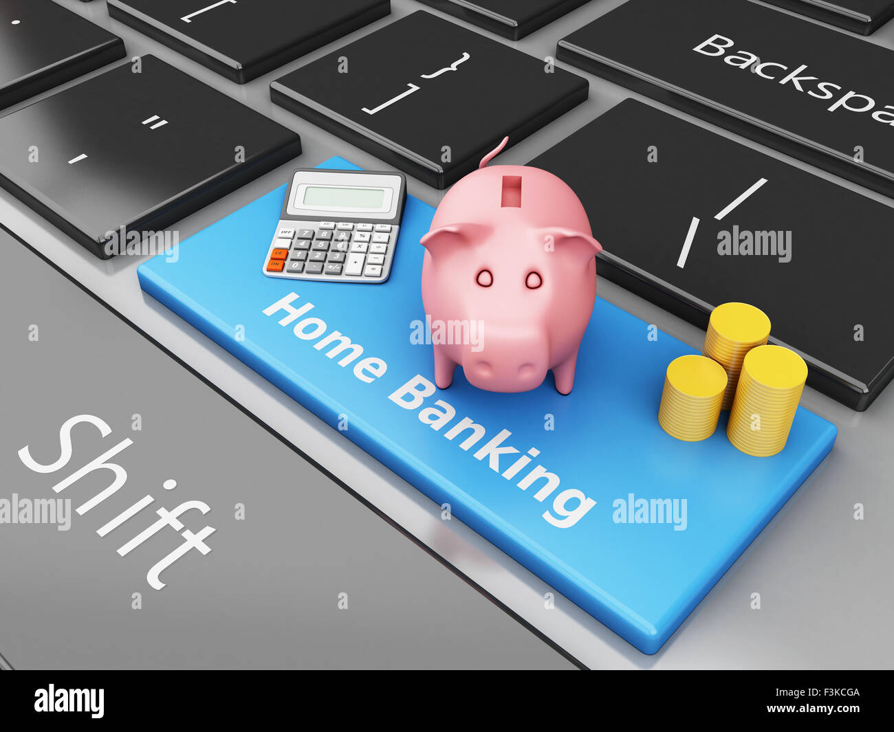 3D renderer immagine. Salvadanaio con la calcolatrice sulla tastiera del computer. Banca Internet concetto. Foto Stock