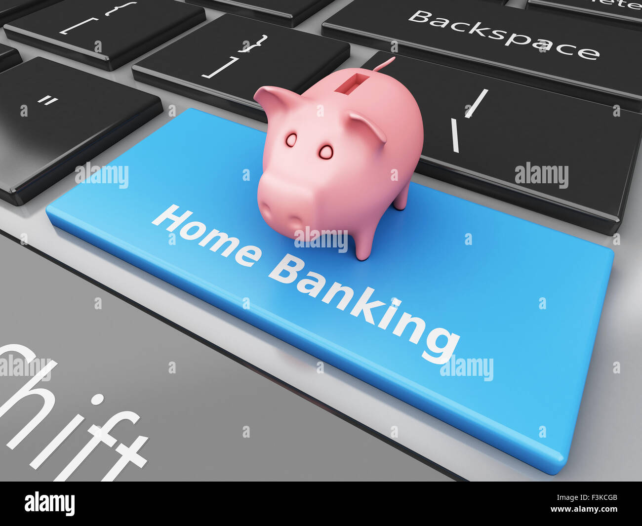 3D renderer immagine. Salvadanaio sulla tastiera del computer. Banca Internet concetto. Foto Stock