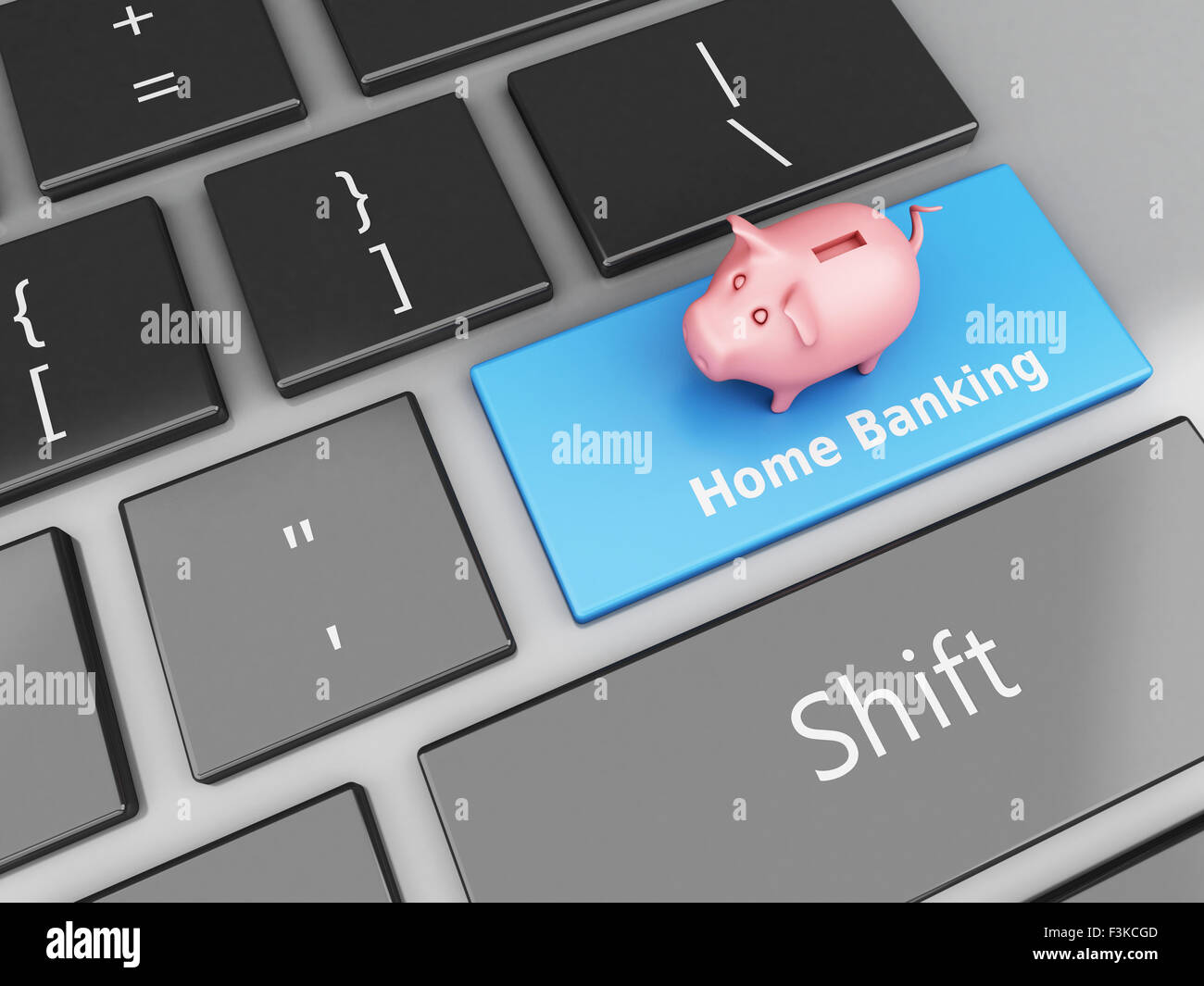 3D renderer immagine. Salvadanaio sulla tastiera del computer. Banca Internet concetto. Foto Stock