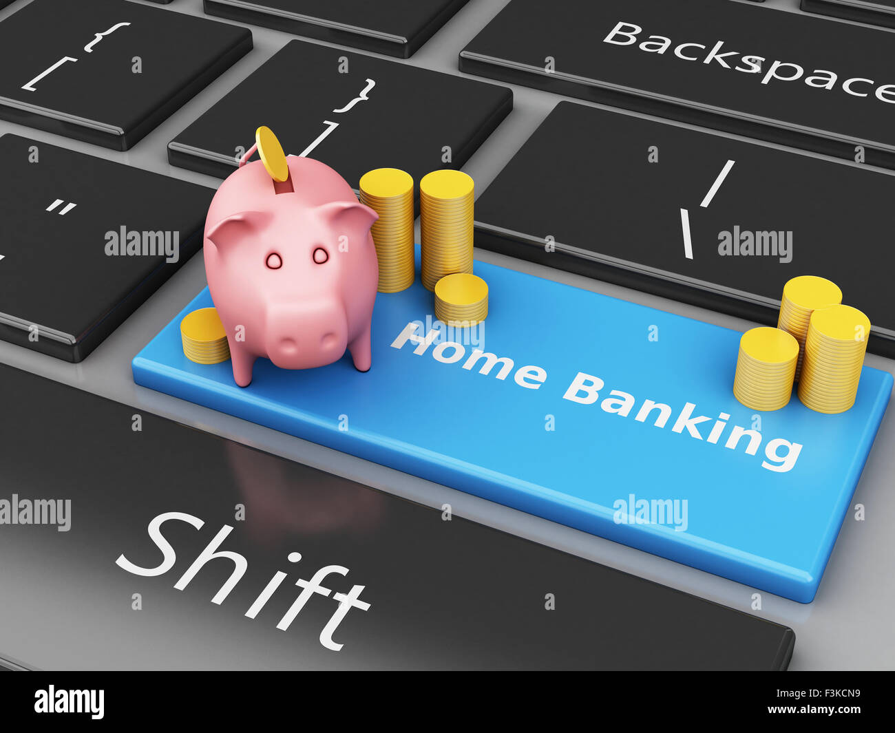 3D renderer immagine. Salvadanaio con monete sulla tastiera del computer. Banca Internet concetto. Foto Stock