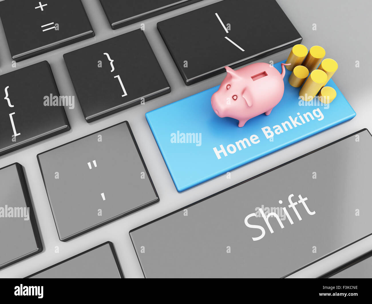 3D renderer immagine. Salvadanaio con monete sulla tastiera del computer. Banca Internet concetto. Foto Stock