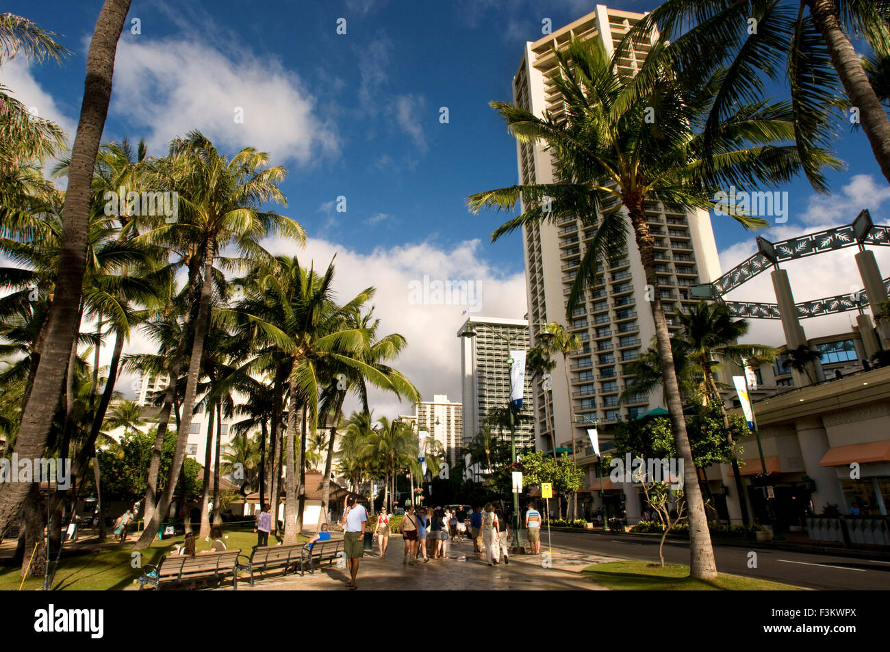 Gli edifici e gli alberghi di Waikiki Beach. Kalakaua Avenue. Di O'ahu. Hawaii. Situato sulla costa sud di Honolulu, famoso in tutto il mondo Foto Stock