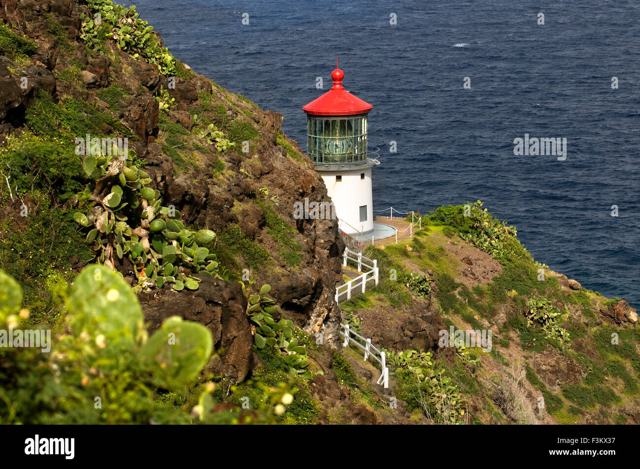 Makapu'u Faro all'estremità orientale dell'isola. Di O'ahu. Hawaii. Makapuʻu Point Lighthouse è un 46 piedi di altezza (14 m), attivo Foto Stock