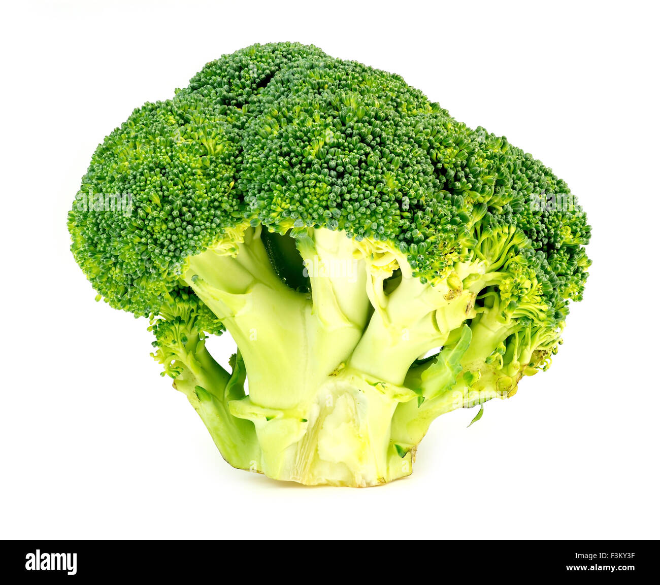 Spessore, succosa, organico, verde di broccoli a fette di testa su bianco Foto Stock