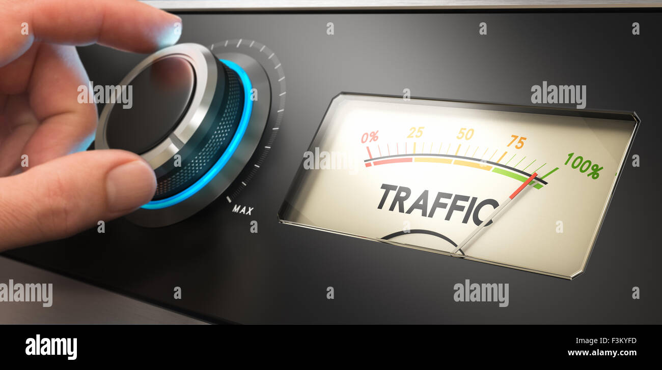 Mano girando una manopola fino al massimo, il concetto di immagine per immagine del pubblico e analisi del traffico del sito web di miglioramento. Foto Stock