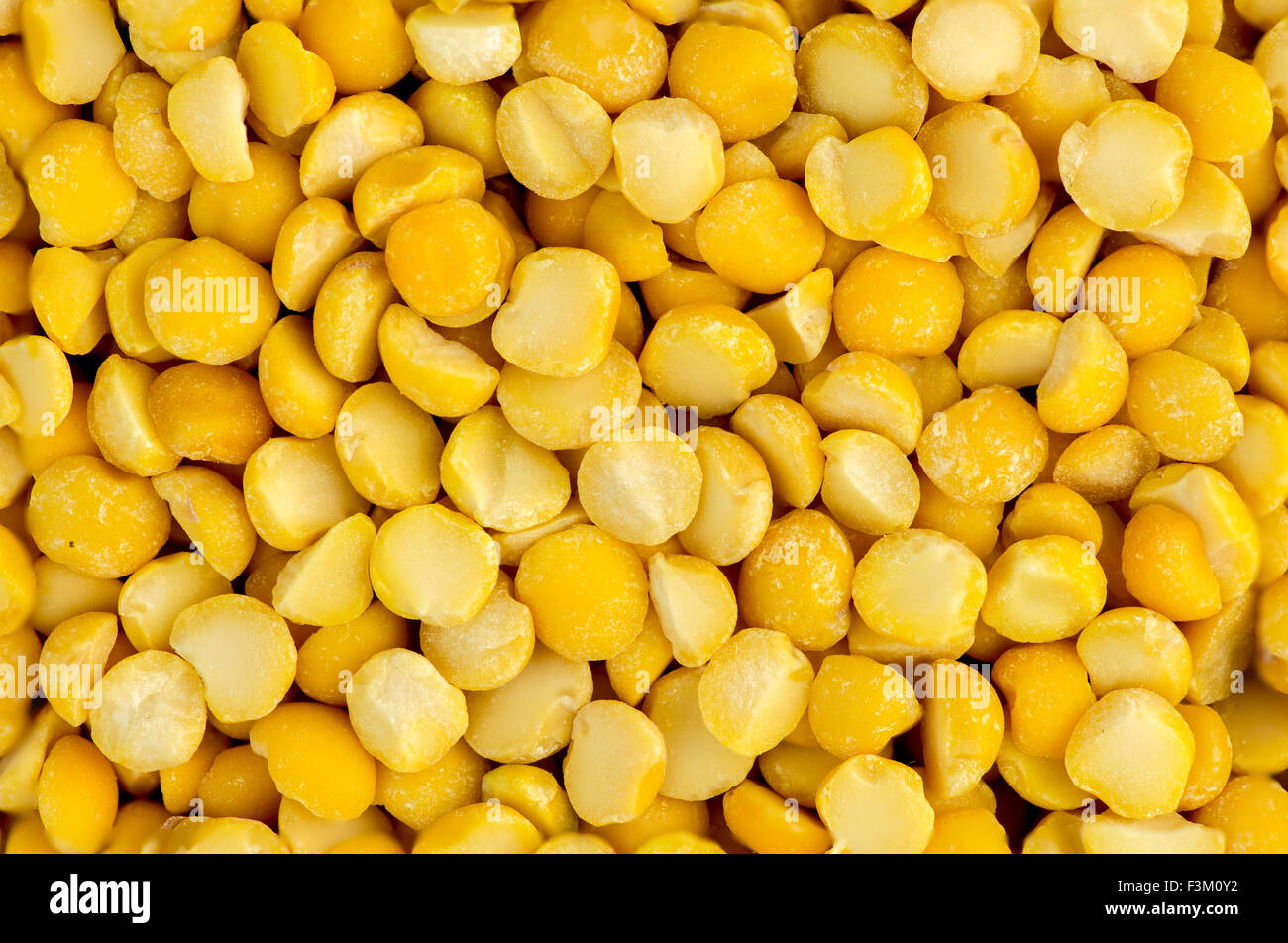 Macro closeup texture di sfondo giallo di chana piselli spezzati Foto Stock