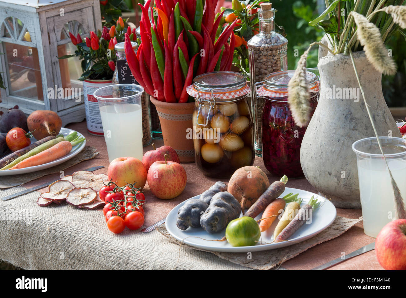 Tavolo da esposizione di frutta e verdura in uno spettacolo d'autunno. REGNO UNITO Foto Stock