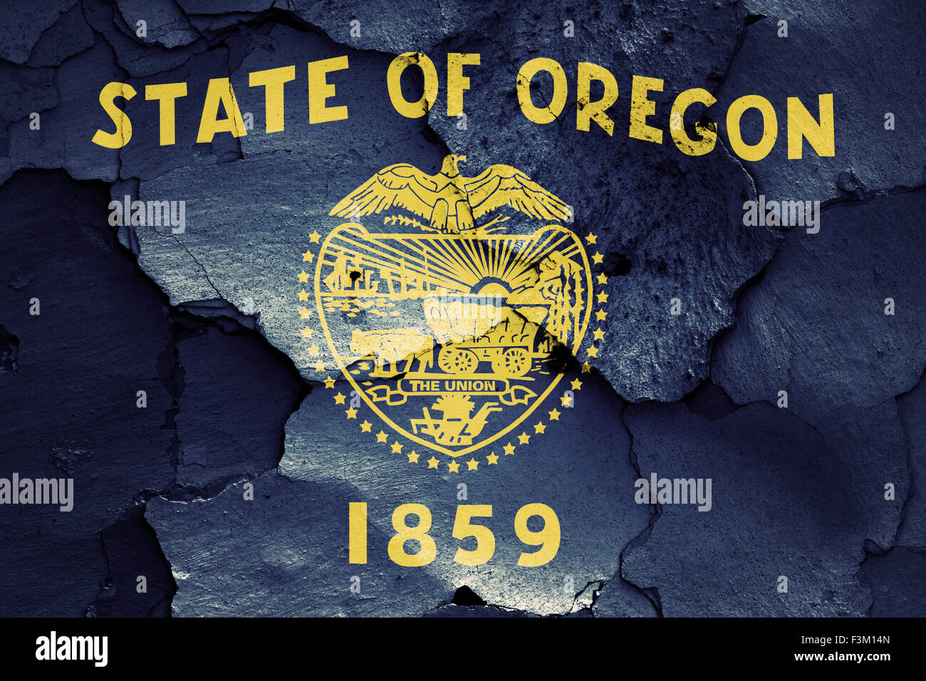 Bandiera della Oregon dipinta sulla parete incrinato Foto Stock