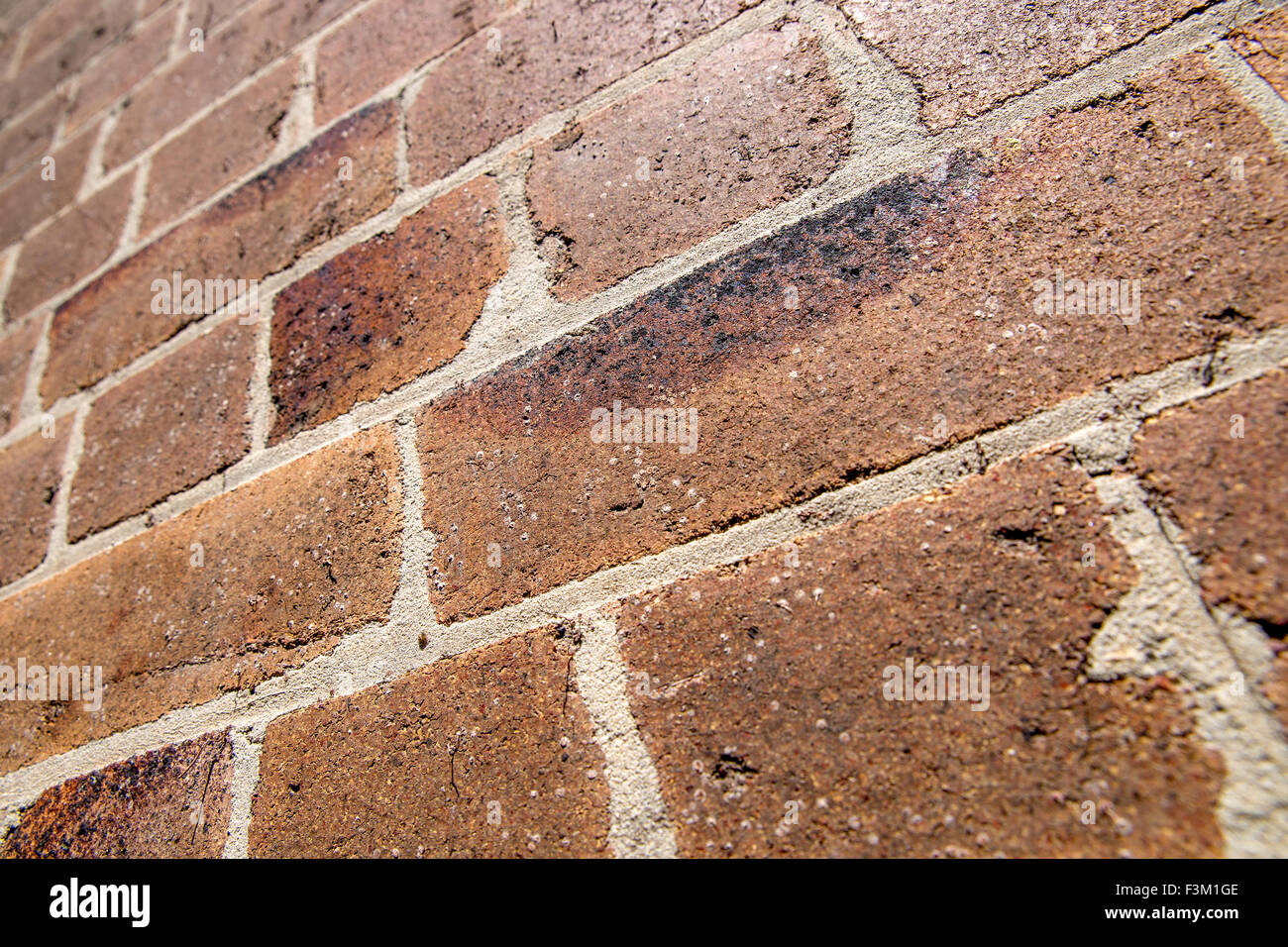 Dirty grungy orange muro di mattoni in prospettiva verso l'alto a Sydney in Australia Foto Stock