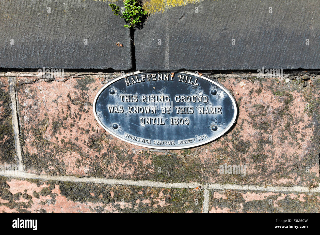 Cartello con scritto Halfpenny Hill, questo terreno di risalita era conosciuto con questo nome fino al 1309 Middlewich Heritage Society 2001, Middlewich, Cheshire, Inghilterra, Regno Unito Foto Stock