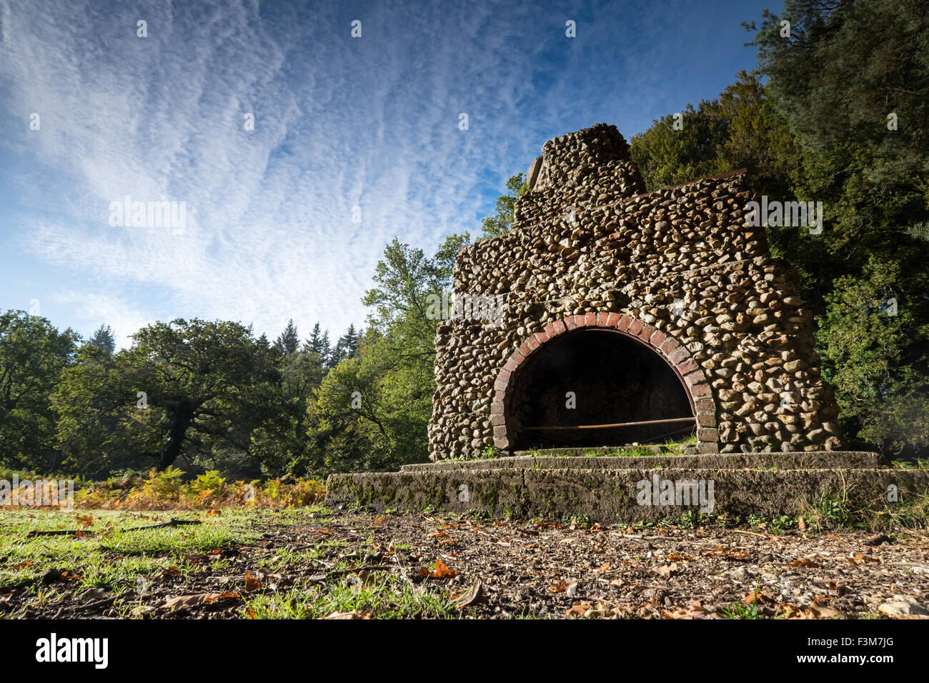 Camino portoghese nella nuova foresta vicino a Lyndhurst. Il camino rimane da un portoghese del camp nella Prima Guerra Mondiale. Foto Stock