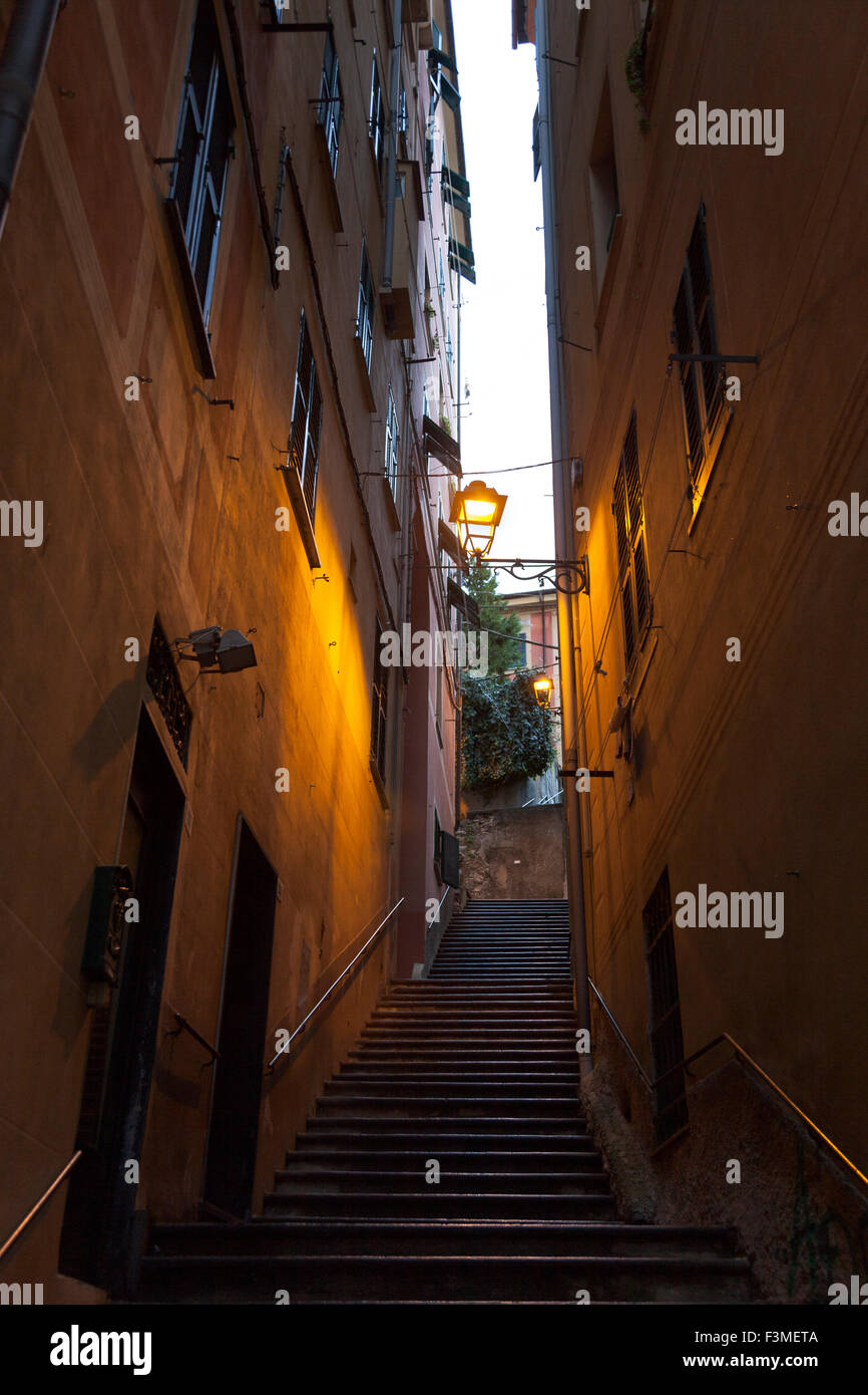 Vicolo stretto con scale ripide tra le case di Camogli, Italia Foto Stock