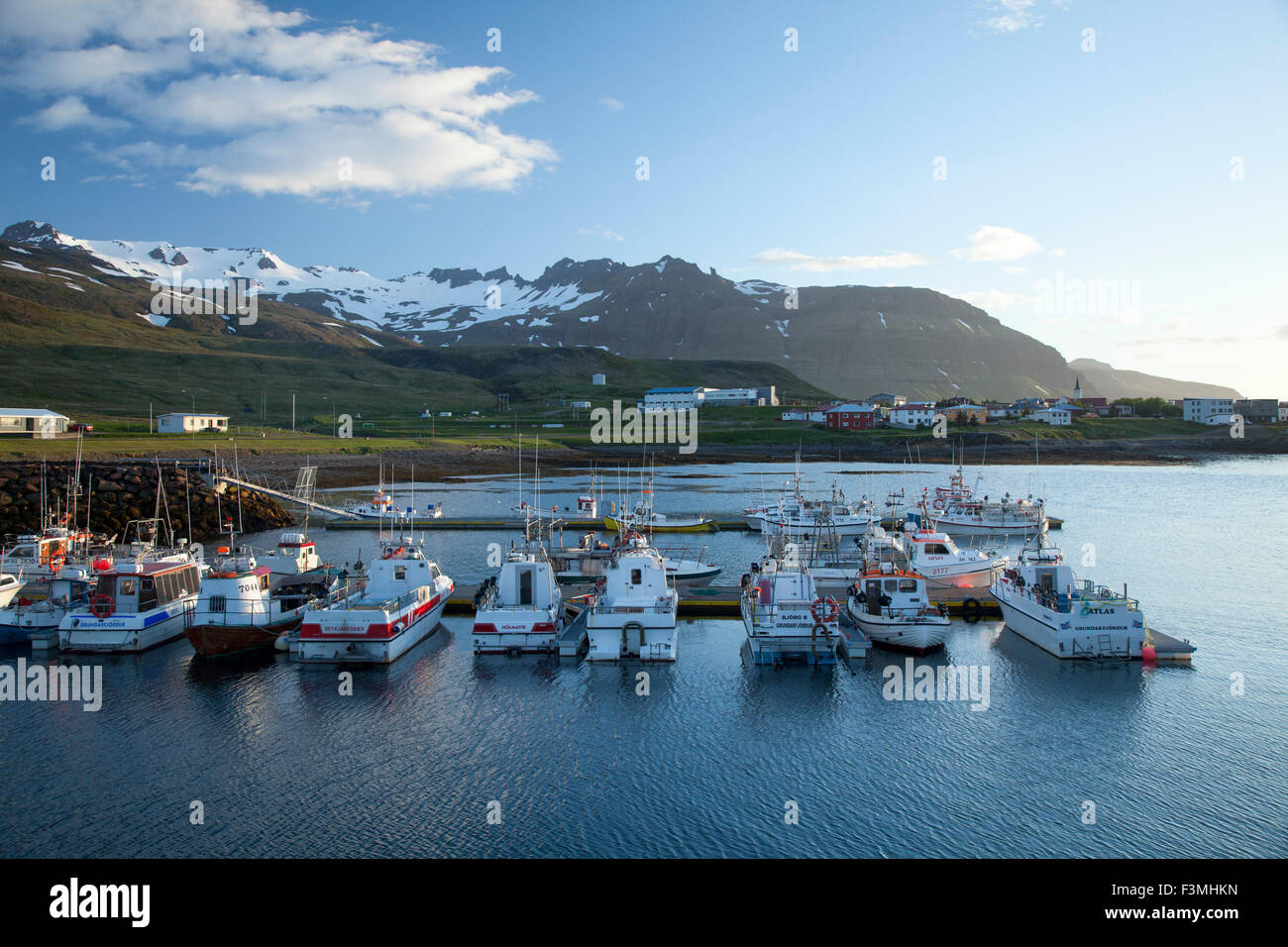 Barche da pesca in porto Grundarfjordur, Snaefellsnes Peninsula, Vesturland, Islanda. Foto Stock