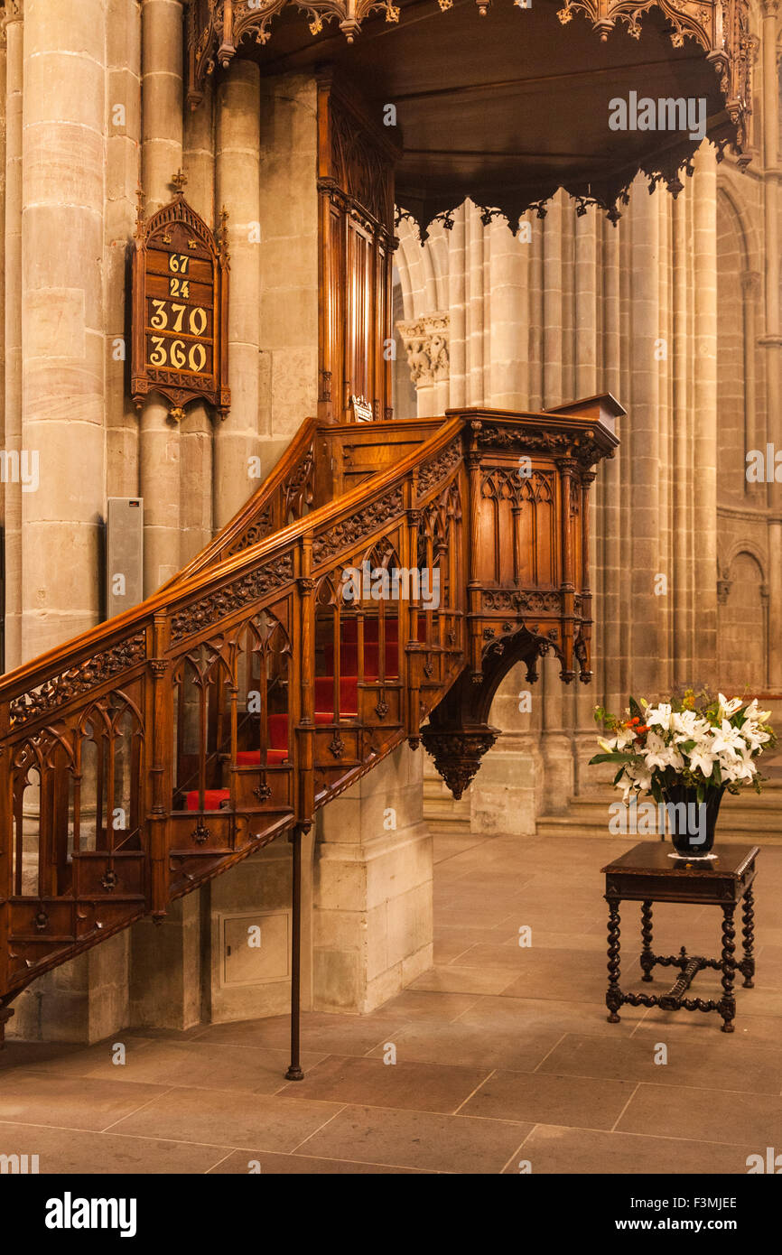 Ornati pulpito intagliato nella basilica di San Pietro, Ginevra, Svizzera Foto Stock