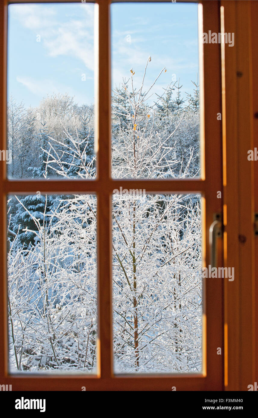 La mattina presto gelido inverno, vista attraverso una finestra. Foto Stock