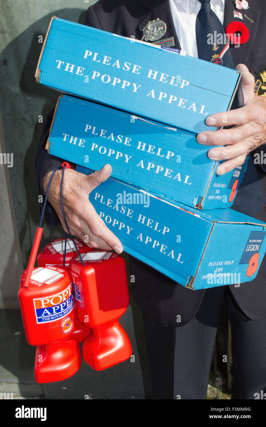 'Per favore aiutate' giorno di memoria Poppy Ricette e vasetti di raccolta. La campagna di raccolta fondi della Royal British Legion a Liverpool, Merseyside, Regno Unito Foto Stock