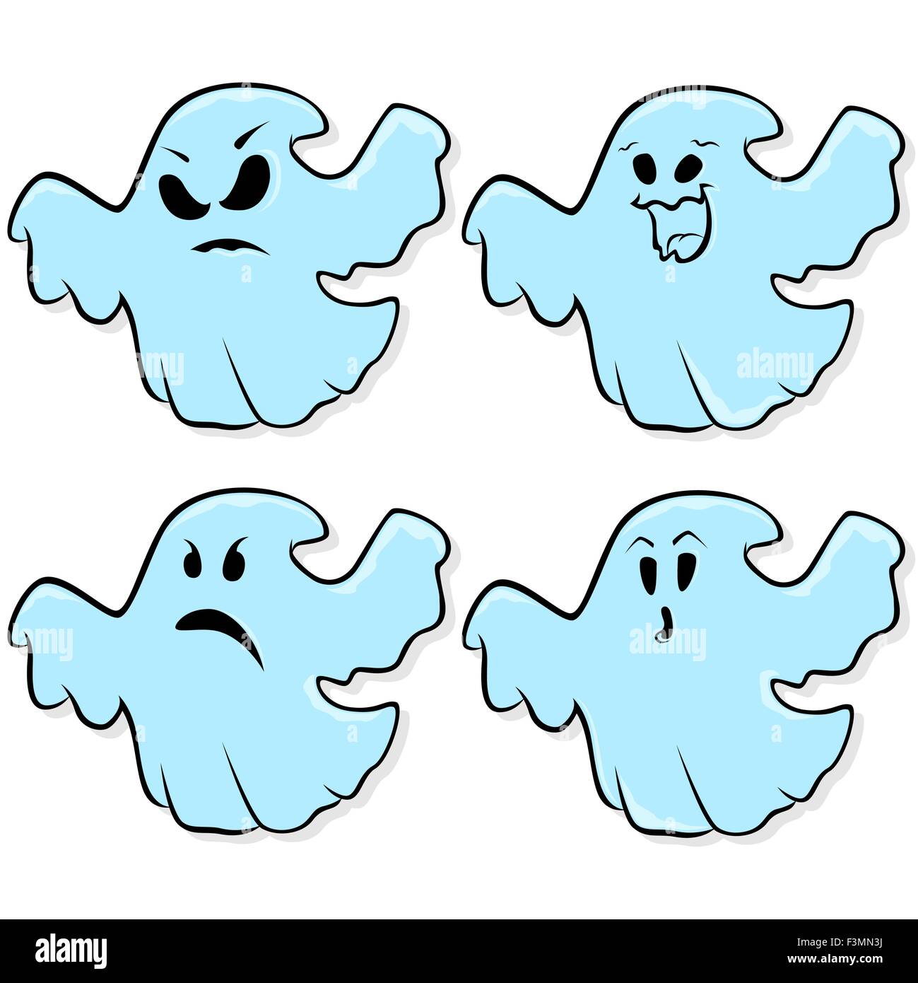 Arrabbiato, divertente, triste e stupito fantasmi volanti isolati su uno sfondo bianco, cartoon halloween illustrazione vettoriale Illustrazione Vettoriale