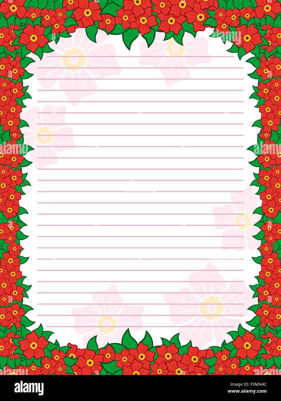 Foglio di blocco note con linee parallele e colorata cornice floreale con fiori principalmente in tinte rosse, illustrazione vettoriale Illustrazione Vettoriale