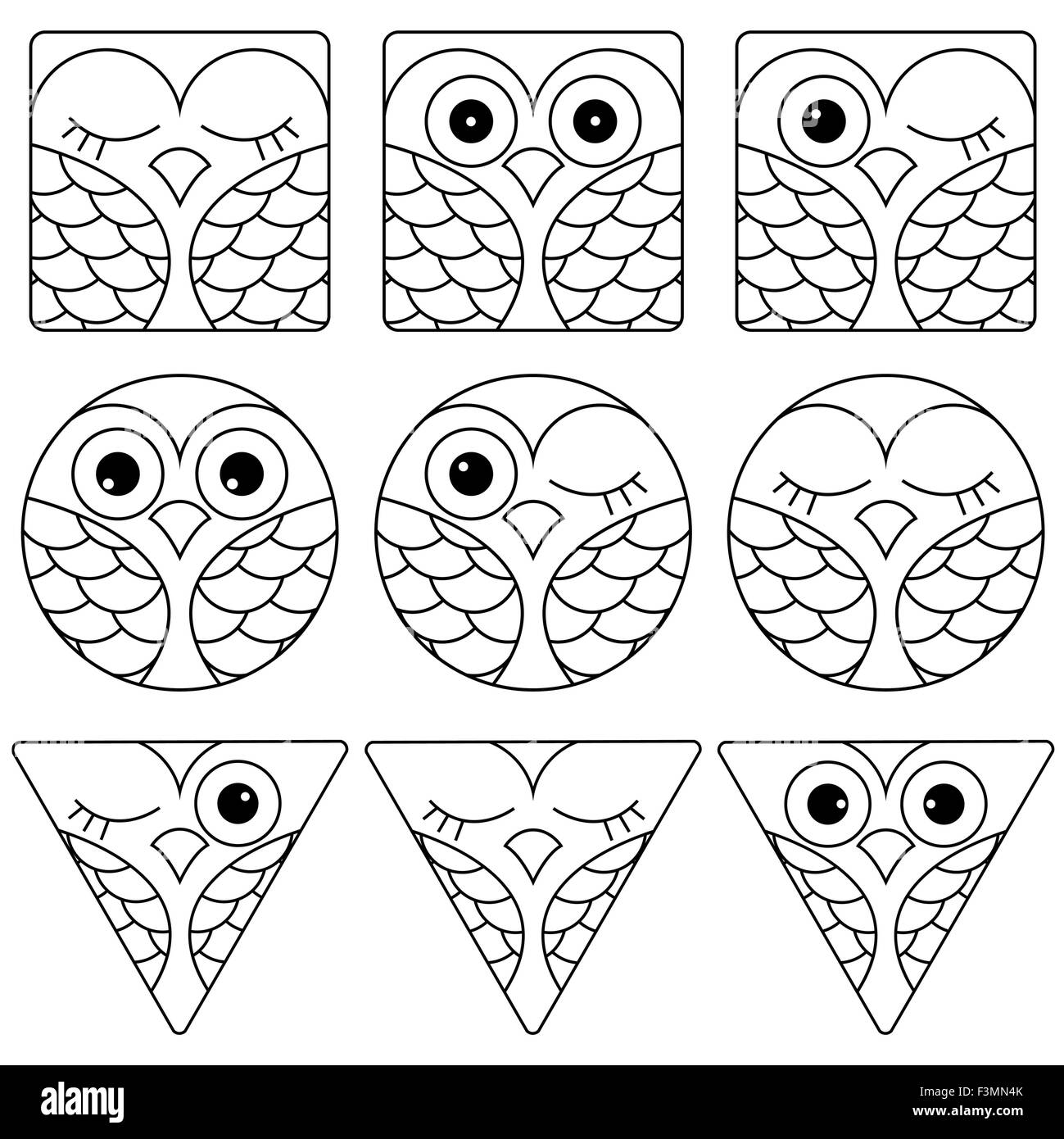 Set di nove divertente in bianco e nero il gufo facce poste in forme geometriche: quadrato, cerchio e triangolare e isolate su un bianco ba Illustrazione Vettoriale