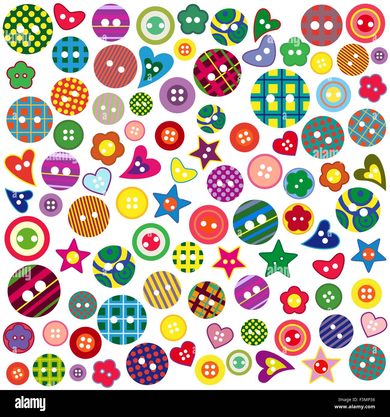 Molti colorati pulsanti ornamentali di varie forme isolate su uno sfondo bianco, grafici vettoriali Illustrazione Vettoriale