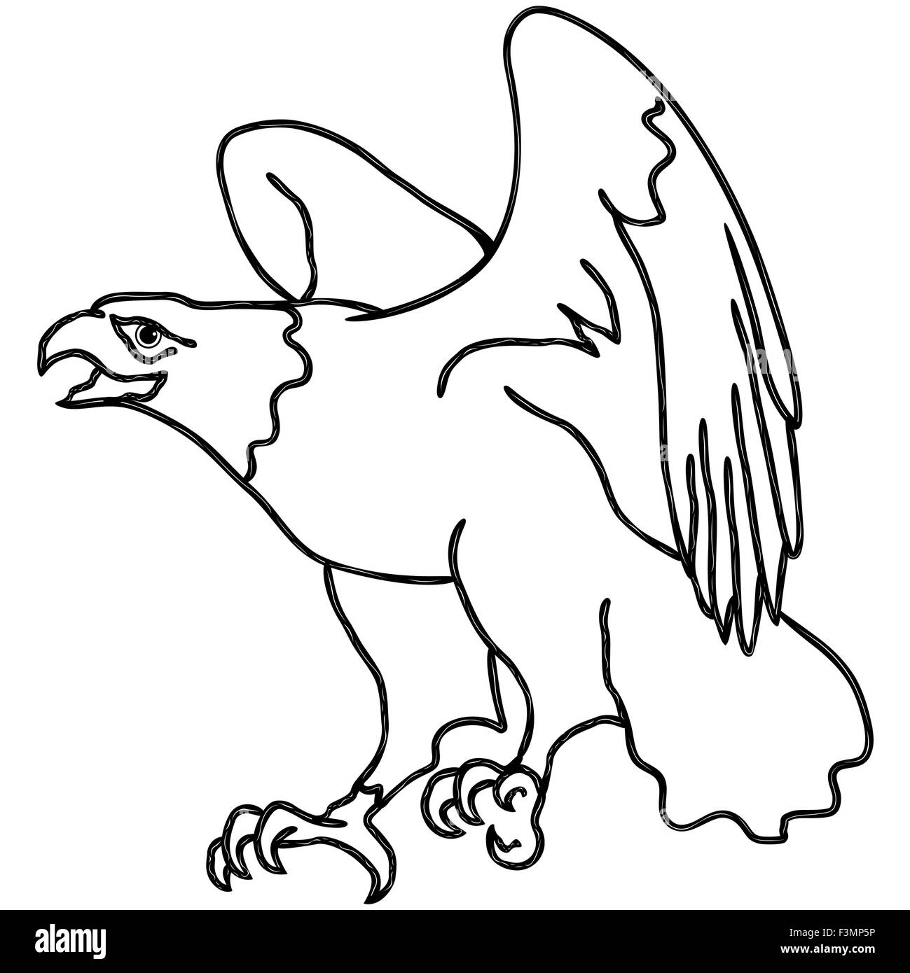 Hawk con ali teso durante lo sbarco, cartoon contorno del vettore Illustrazione Vettoriale
