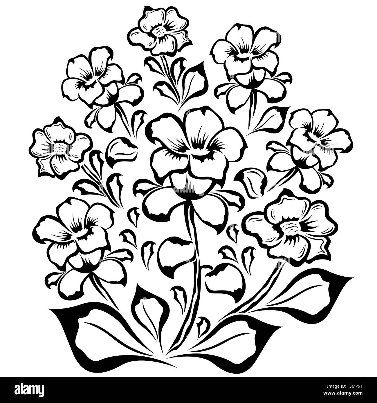 Sagoma nera del gruppo di fiori isolati su uno sfondo bianco, illustrazione vettoriale Illustrazione Vettoriale