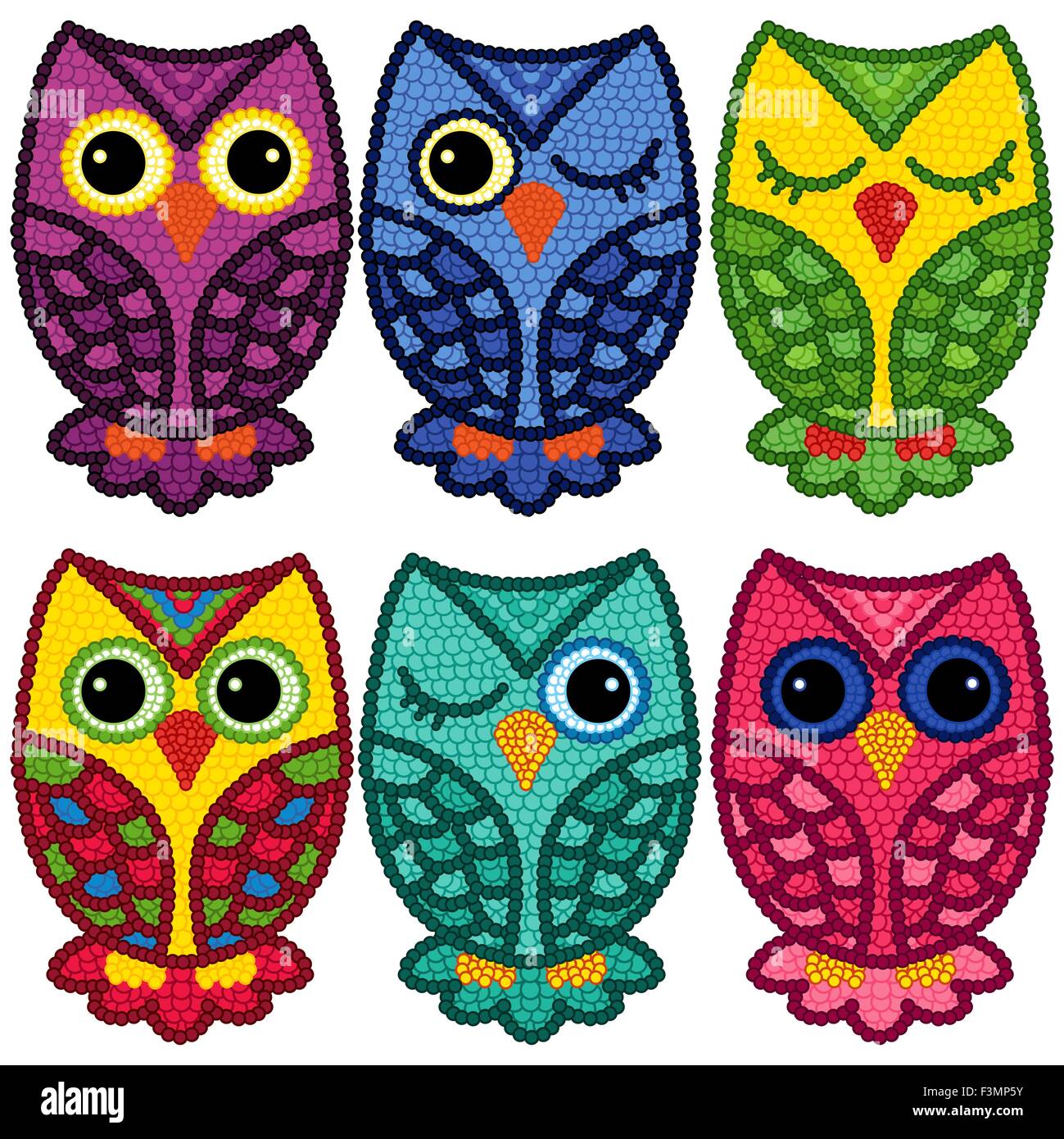 Set di sei motley funny gufi con cerchio elementi isolati su sfondo bianco, cartoon illustrazione vettoriale Illustrazione Vettoriale