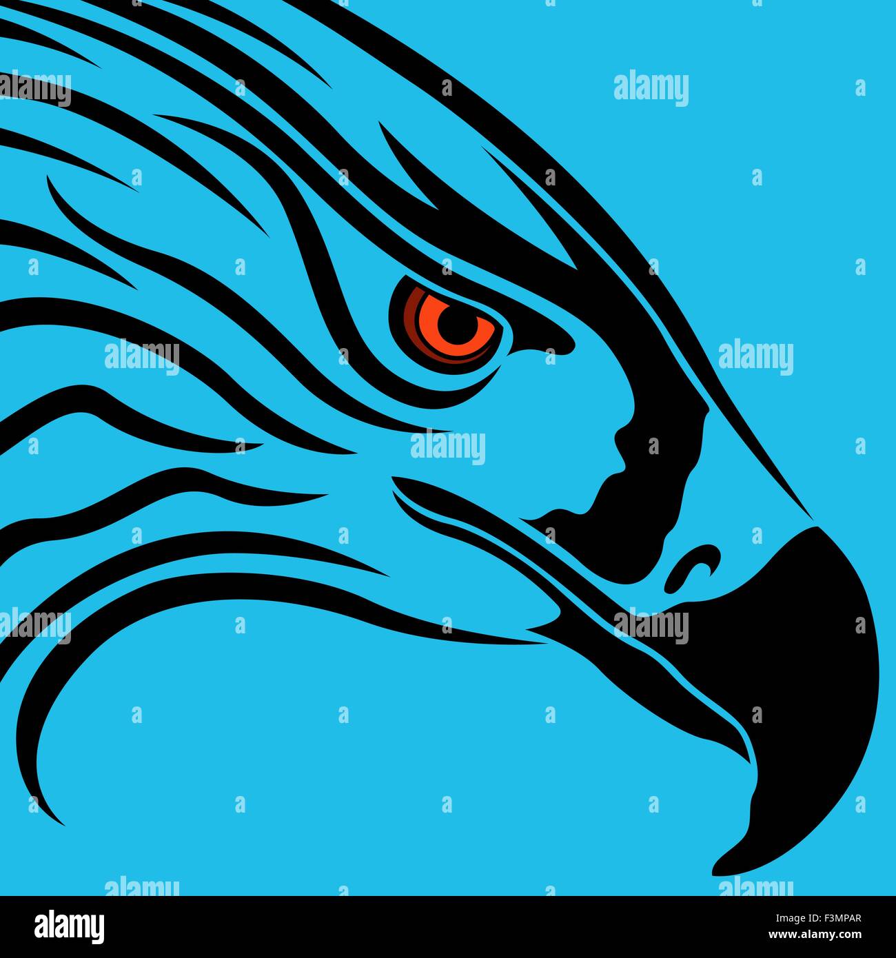 Testa di eagle con becco massiccio e occhio arancione su sfondo blu, grafici vettoriali Illustrazione Vettoriale