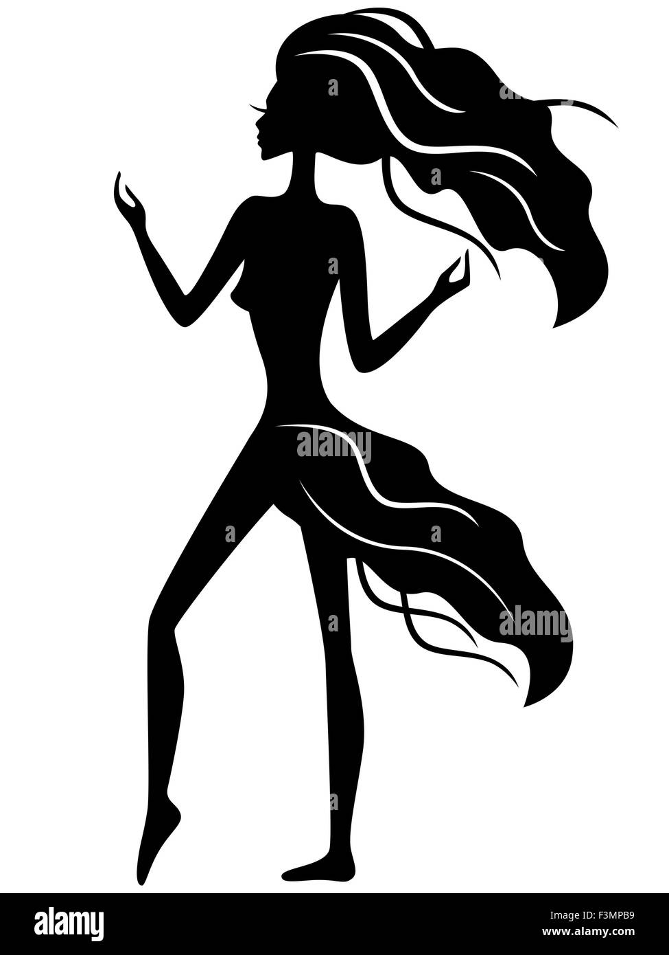 Abstract graziosa ragazza con piegare i capelli e il vestito nero silhouette vettoriali Illustrazione Vettoriale