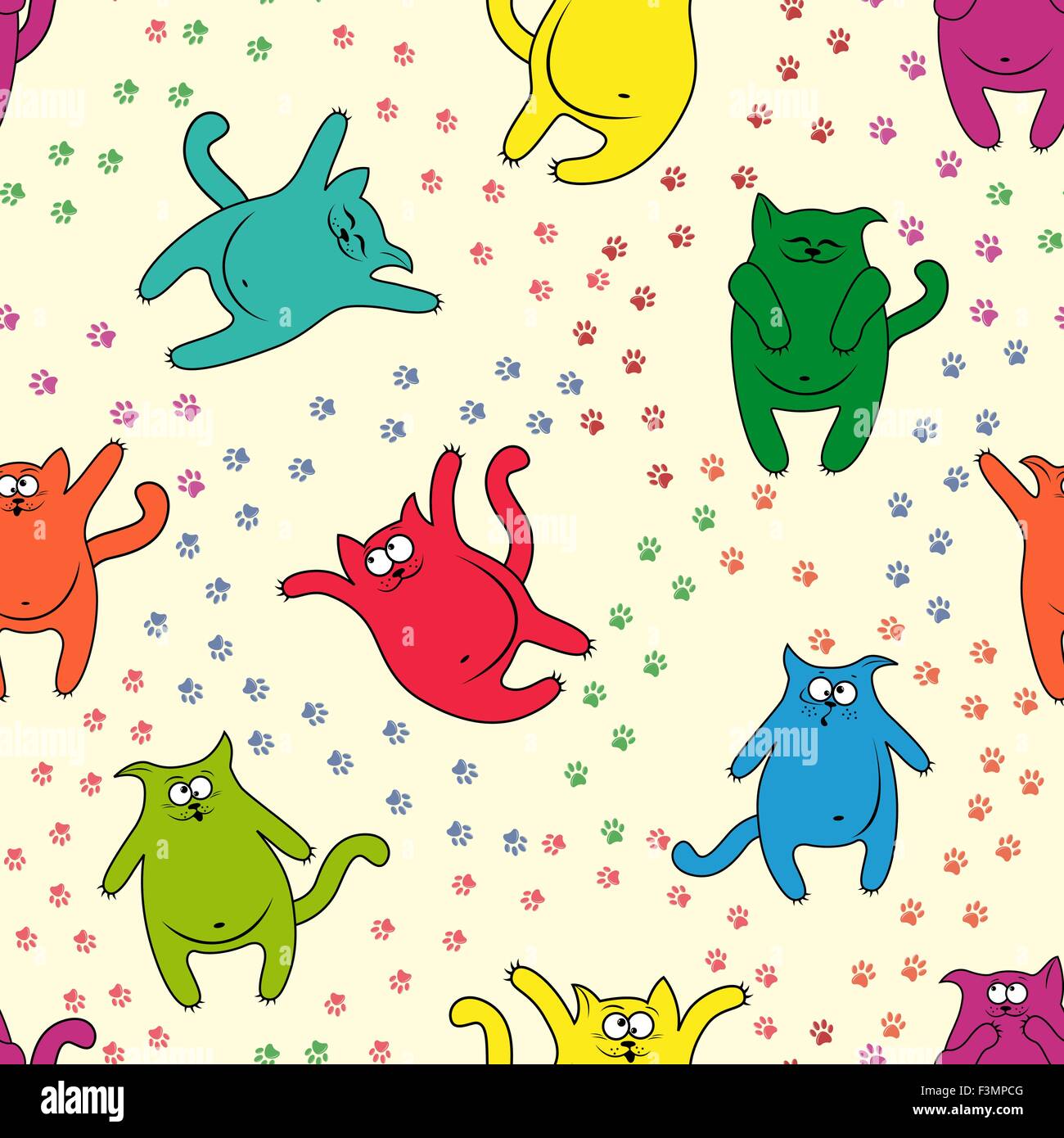 Colore gatti divertenti con tracce di zampe su seamless disegno vettoriale Illustrazione Vettoriale