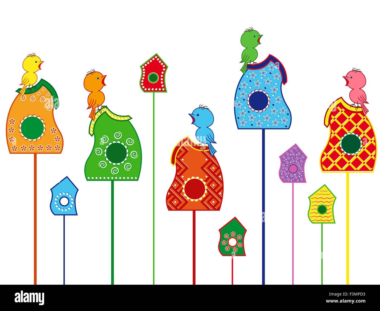 Divertente e divertente seduta degli uccelli e il canto nelle loro case, un set di colorate illustrazione vettoriale su sfondo bianco Illustrazione Vettoriale