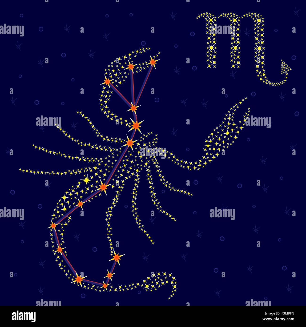 Segno zodiacale Scorpione su uno sfondo di cielo stellato con lo schema di stelle della costellazione, illustrazione vettoriale Illustrazione Vettoriale