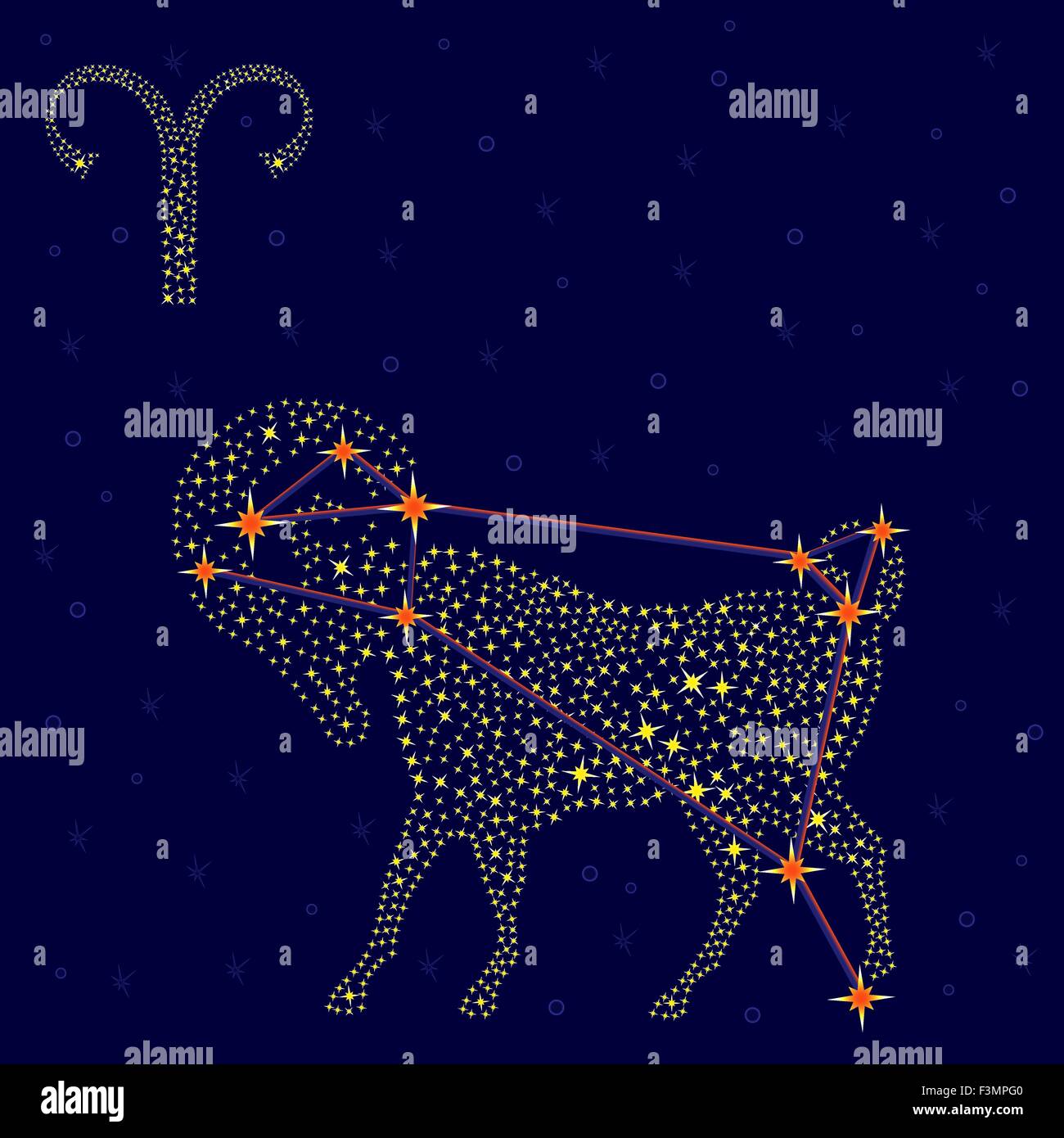 Segno zodiacale Ariete su uno sfondo di cielo stellato con lo schema di stelle della costellazione, illustrazione vettoriale Illustrazione Vettoriale