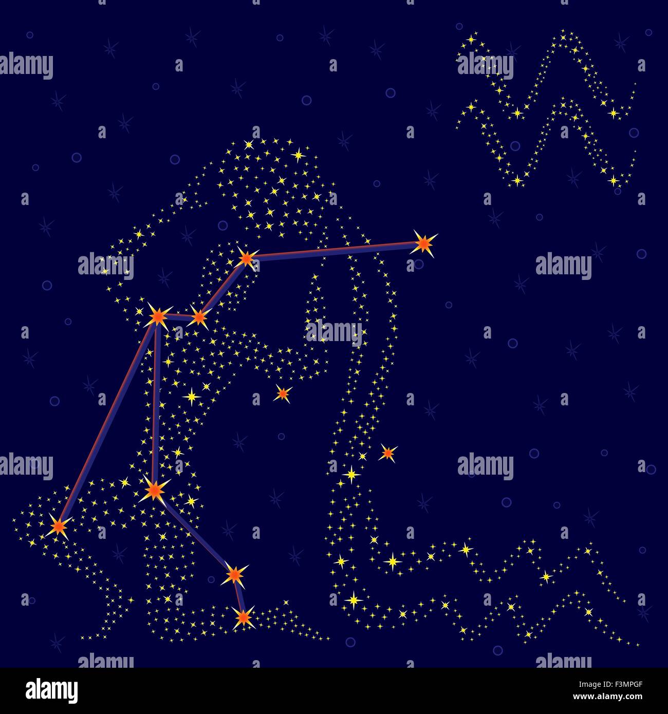 Segno zodiacale acquario su uno sfondo di cielo stellato con lo schema di stelle della costellazione, illustrazione vettoriale Illustrazione Vettoriale