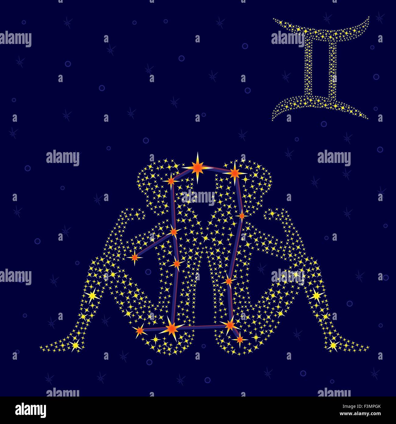 Segno zodiacale gemelli su uno sfondo di cielo stellato con lo schema di stelle della costellazione, illustrazione vettoriale Illustrazione Vettoriale