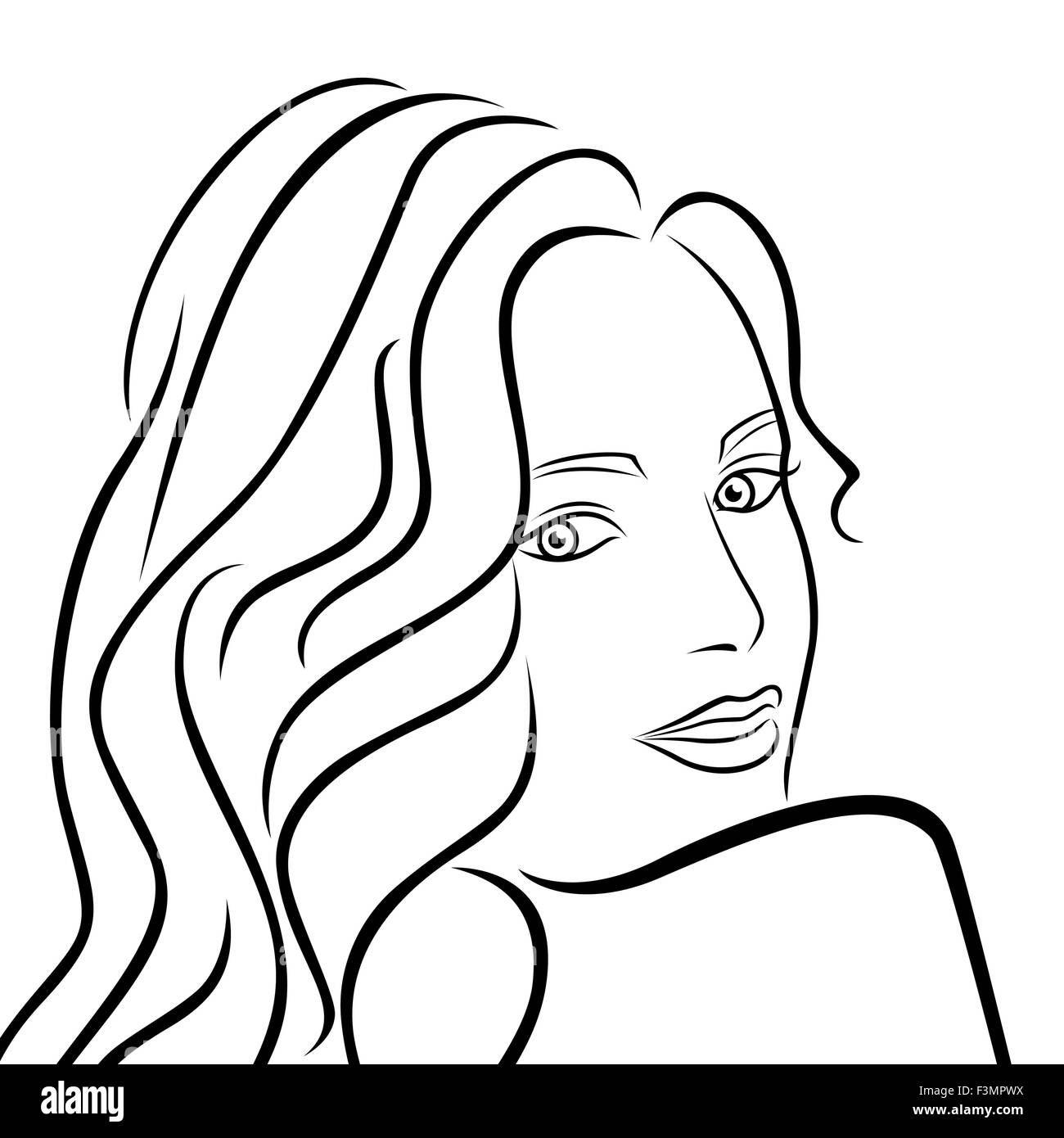 Profilo astratto metà femmina girare ritratto, nero su bianco del disegno a mano oggetti grafici vettoriali Illustrazione Vettoriale