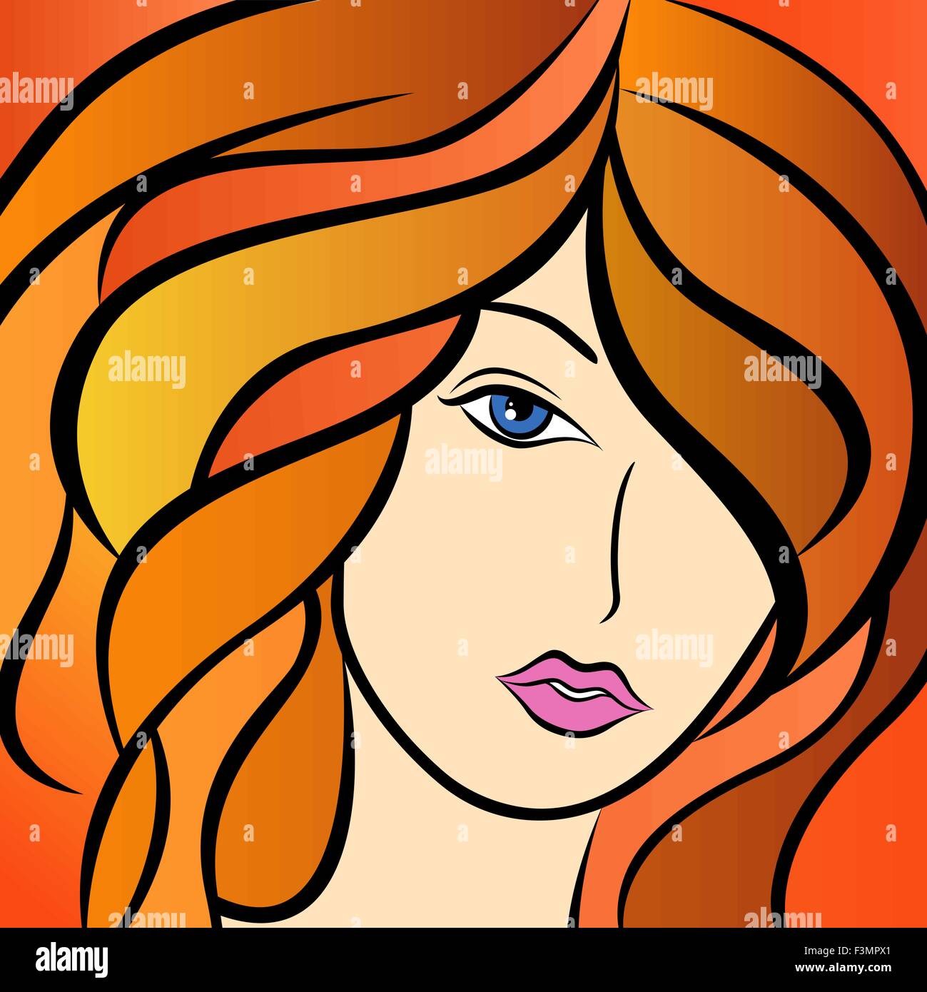 Abstract bellissimo ritratto di donna con capelli fiery e colorato disegno a mano oggetti grafici vettoriali Illustrazione Vettoriale
