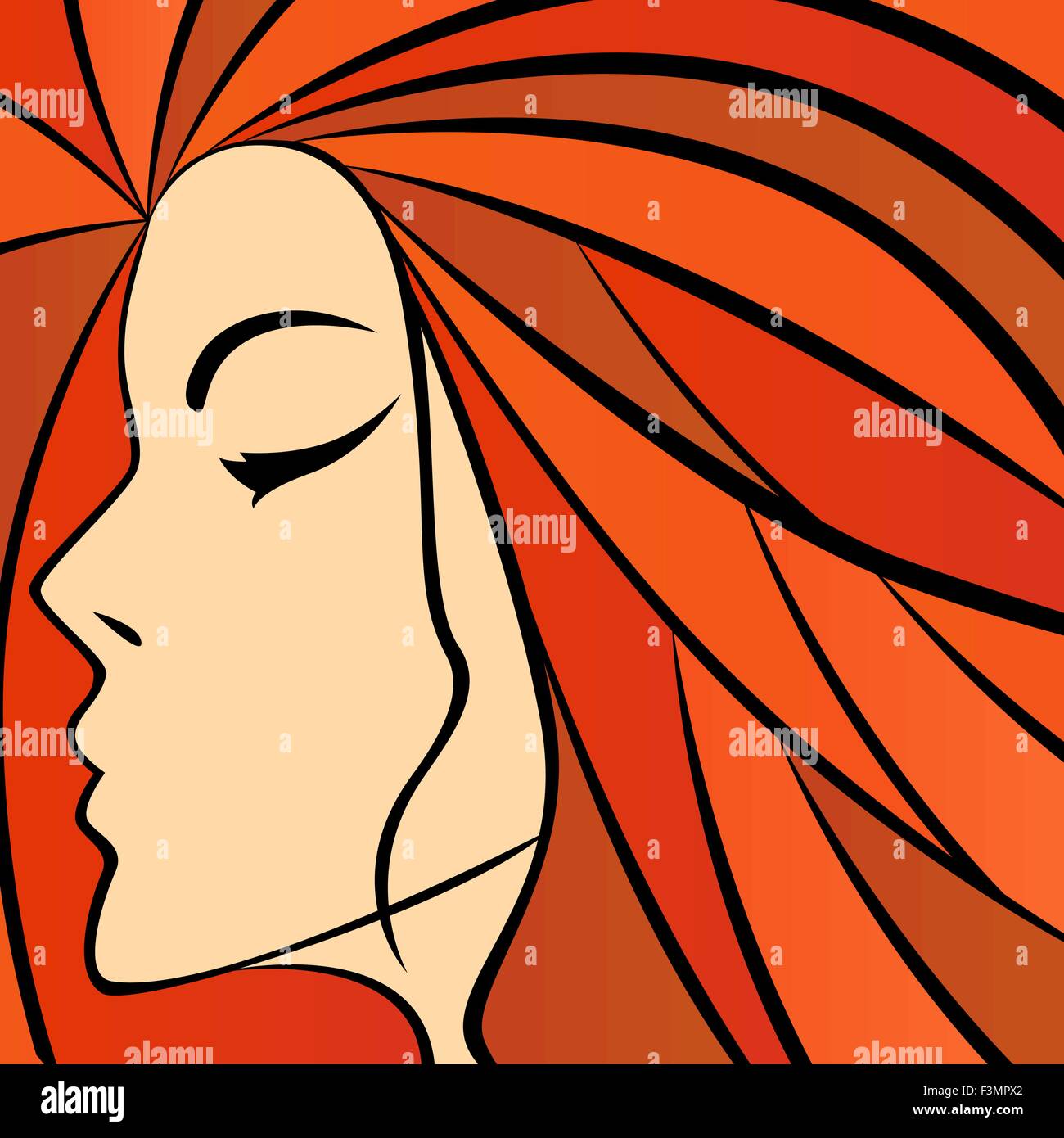 Abstract ritratto di donna con capelli fiery e colorato disegno a mano oggetti grafici vettoriali Illustrazione Vettoriale