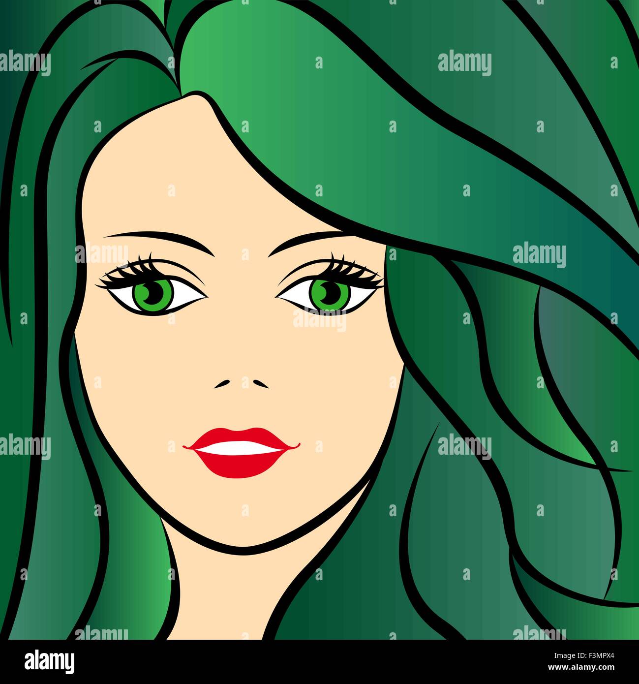 Abstract ritratto femminile con i capelli verdi e colorato disegno a mano oggetti grafici vettoriali Illustrazione Vettoriale