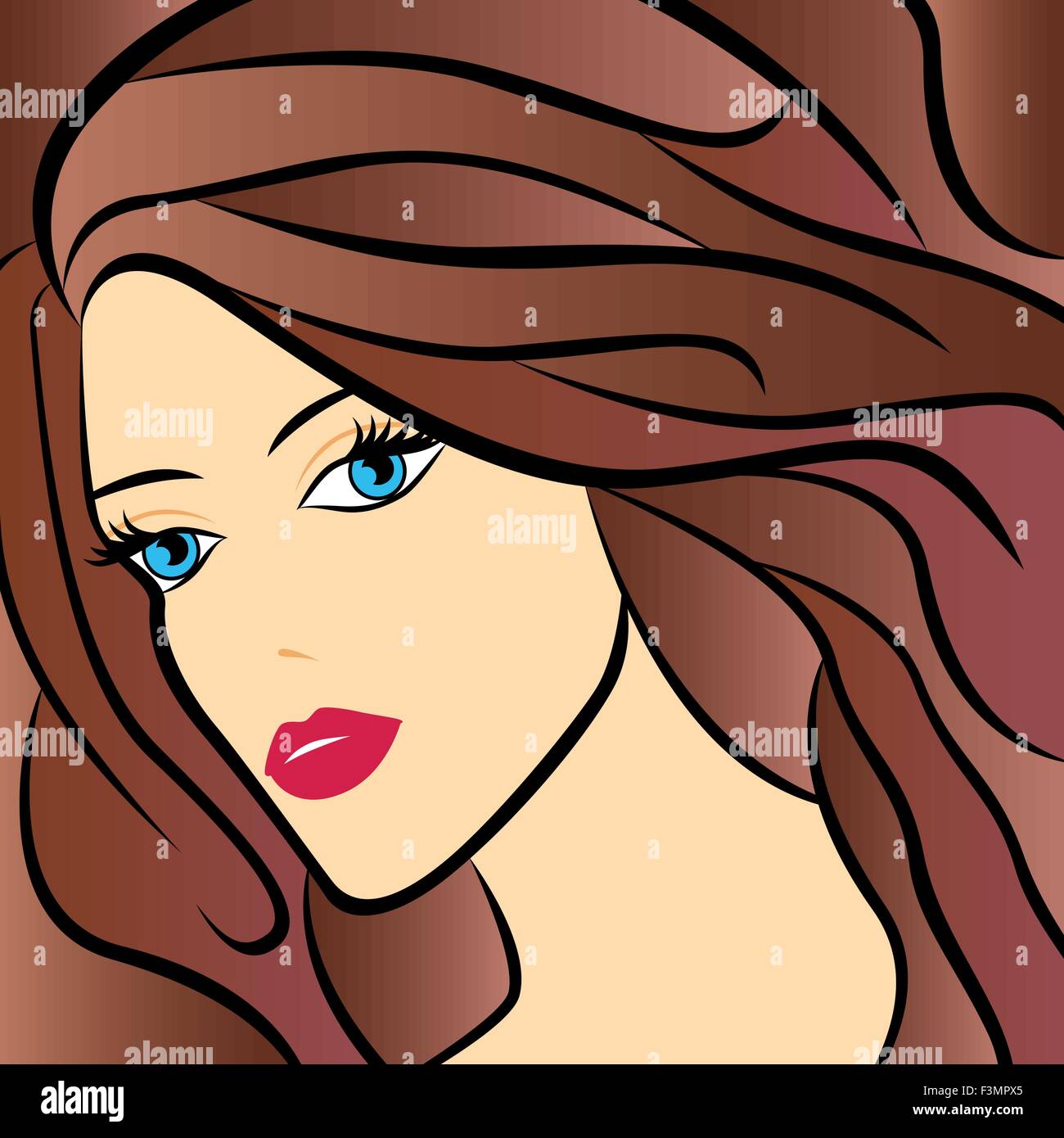 Abstract ritratto femminile con capelli castani e colorato disegno a mano oggetti grafici vettoriali Illustrazione Vettoriale