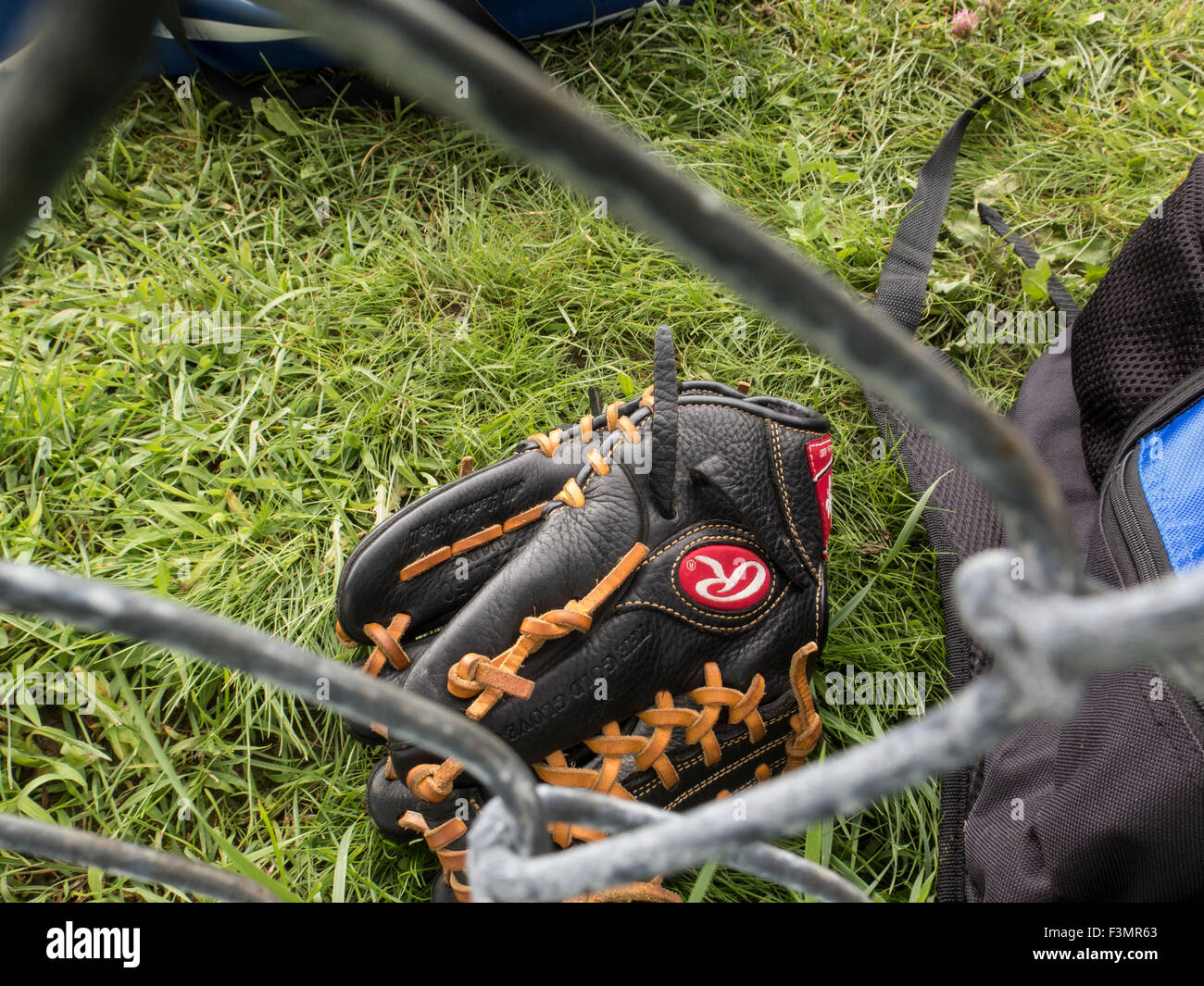 Guanto da baseball sul terreno come visto attraverso una catena collegamento recinto. Foto Stock