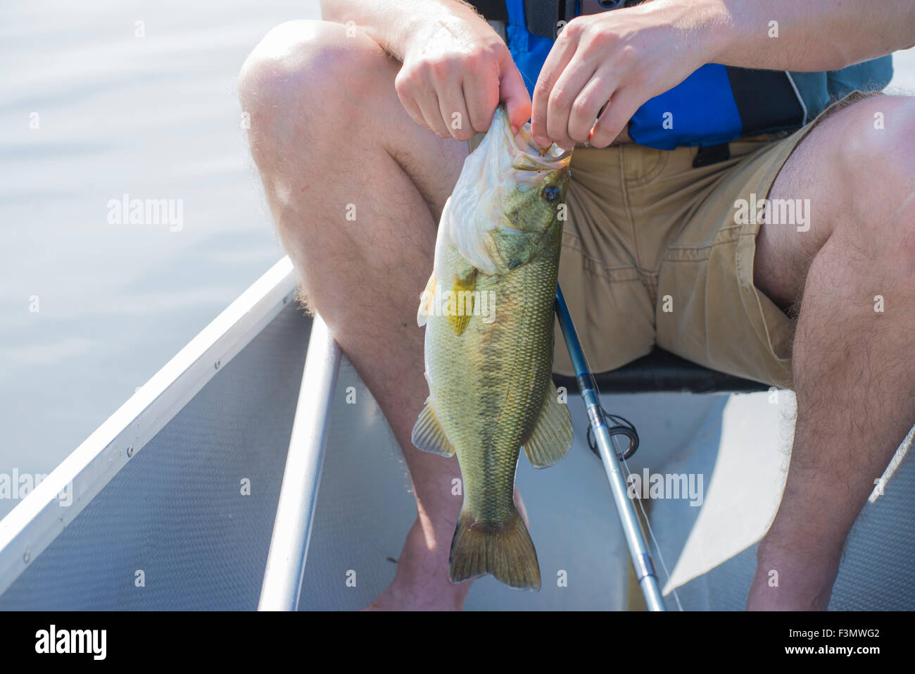 Pescatore con appena pescato tamburo di acqua dolce pesci nel lago Erie, Ontario, Canada. Foto Stock